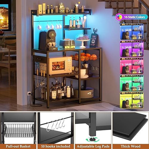 Miniatura 3 de Aheaplus Estante para panaderos con toma de corriente y cuerdas de luz LED, soporte para horno de microondas, estante de almacenamiento de cocina