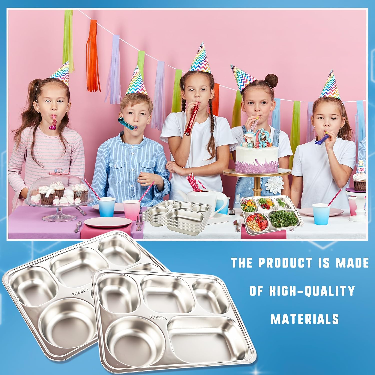 6 Pack 304 Stainless Steel Divided Plates Tray 5 Section Rectangular Dinner Plates Unbreakable Stainless Steel Serving Platter Control Plate for Adults Picky Eaters Campers Portion Control
