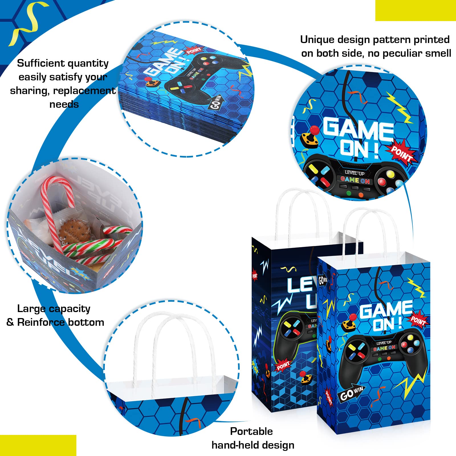 Saypacck 30 bolsas de regalo para fiestas de videojuegos, suministros de fiesta temática de jugadores, bolsa de papel con asa, regalos de fiesta de juegos para niñas y niños (azul, estilo de juego)