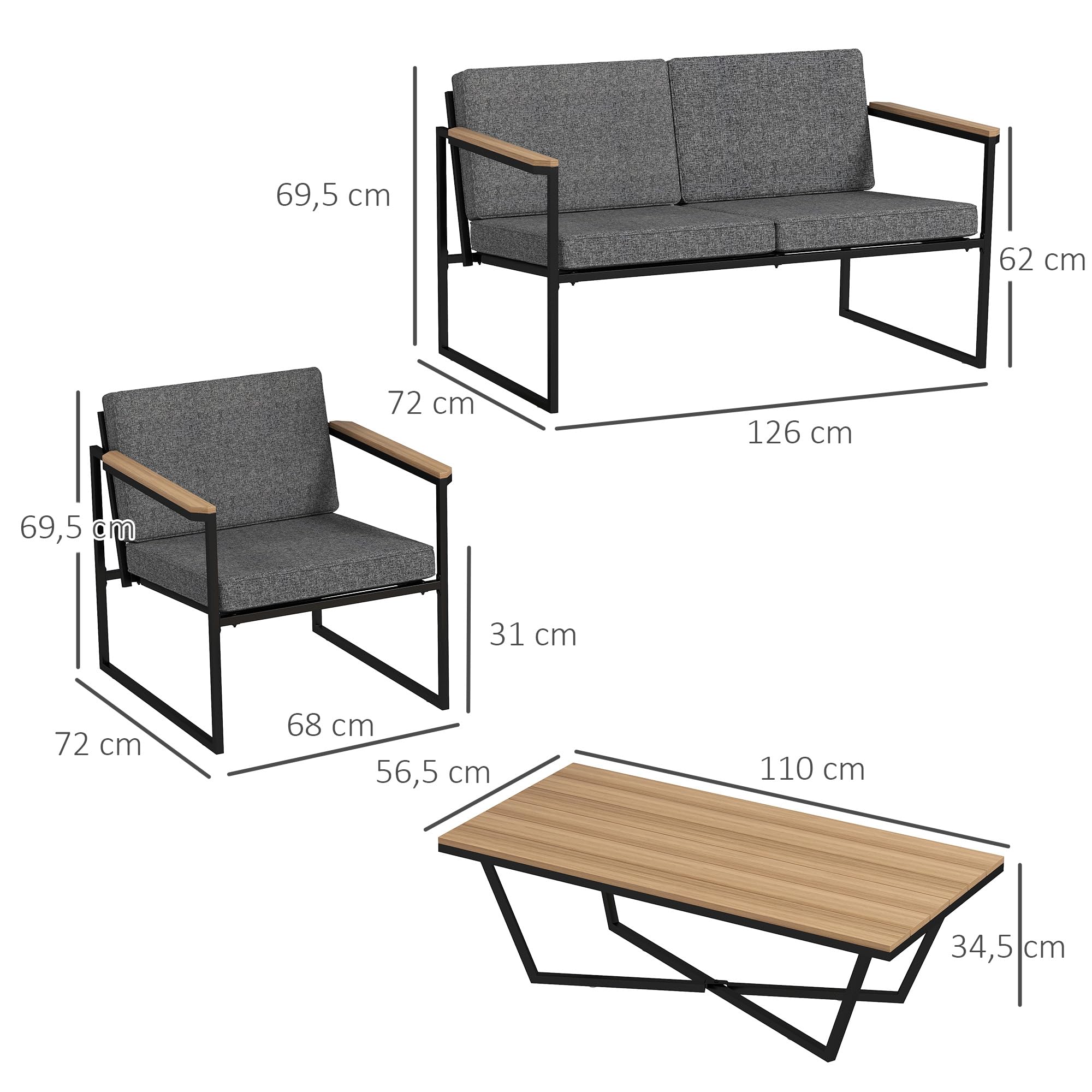 Outsunny Gartenmöbel Set Wetterfest für 4 Personen, 2er Sofa, Balkon Grau | 2 Stühle, Sitzkissen, Beistelltisch, Balkonmöbel-Set, Outdoor Sitzgruppe, Terrassenmöbel, Gartengarnitur, Garten, Terrasse