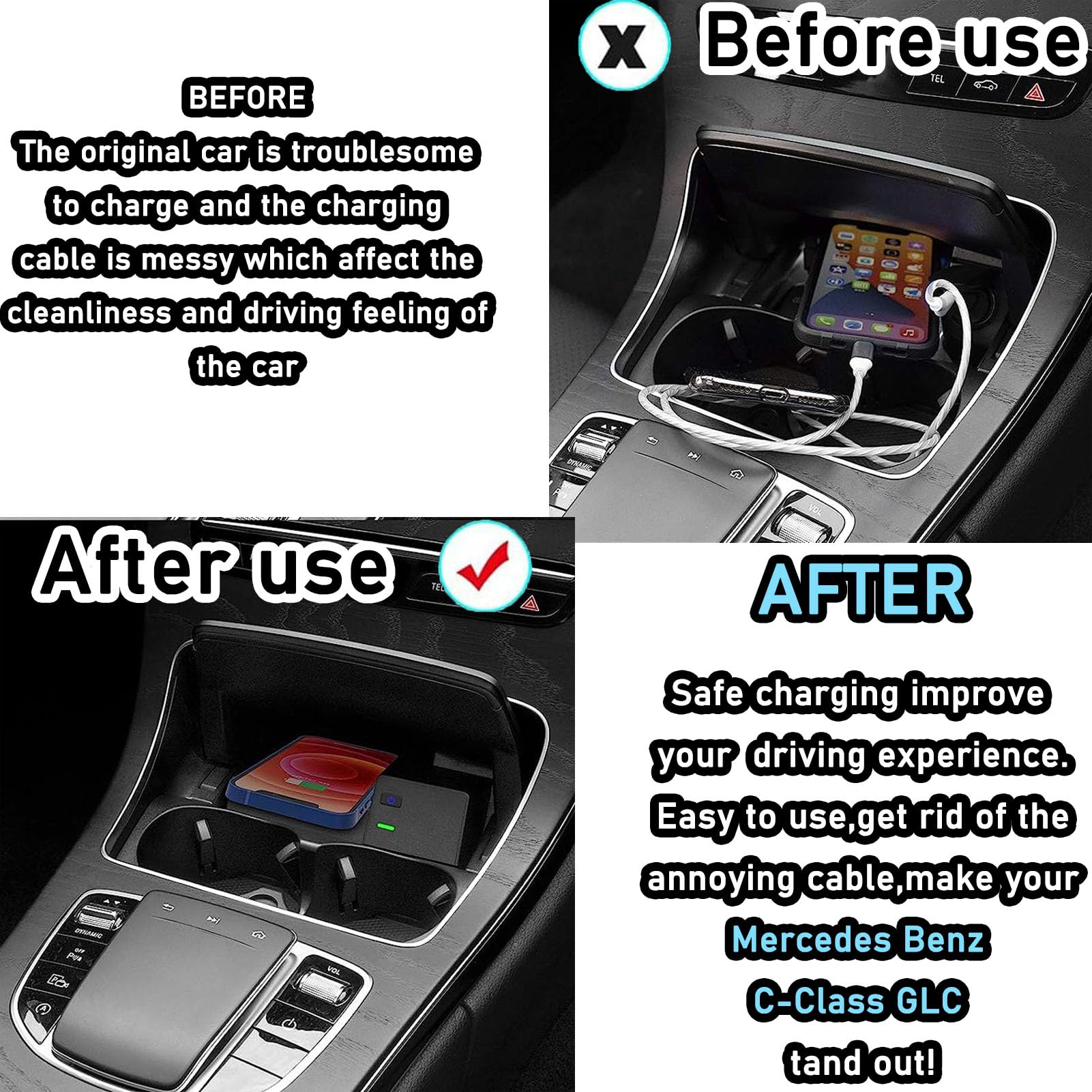 Caricabatterie Wireless per Auto 2023 Nuovo, per Merce-des Be-NZ Classe C GlC AMG Pannello Accessorio per Console Centrale Regalo per la Famiglia