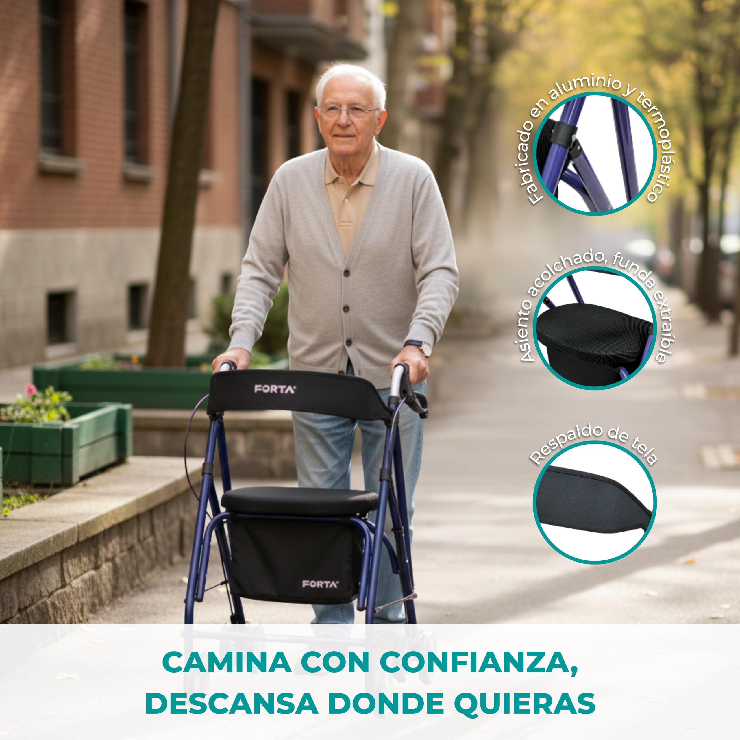 Forta Drakon 2 - Andador ligero y plegable para personas mayores - Con asiento, regulable en altura, freno de mano, para uso en exteriores - Capacidad de carga hasta 130 kg (Azul)