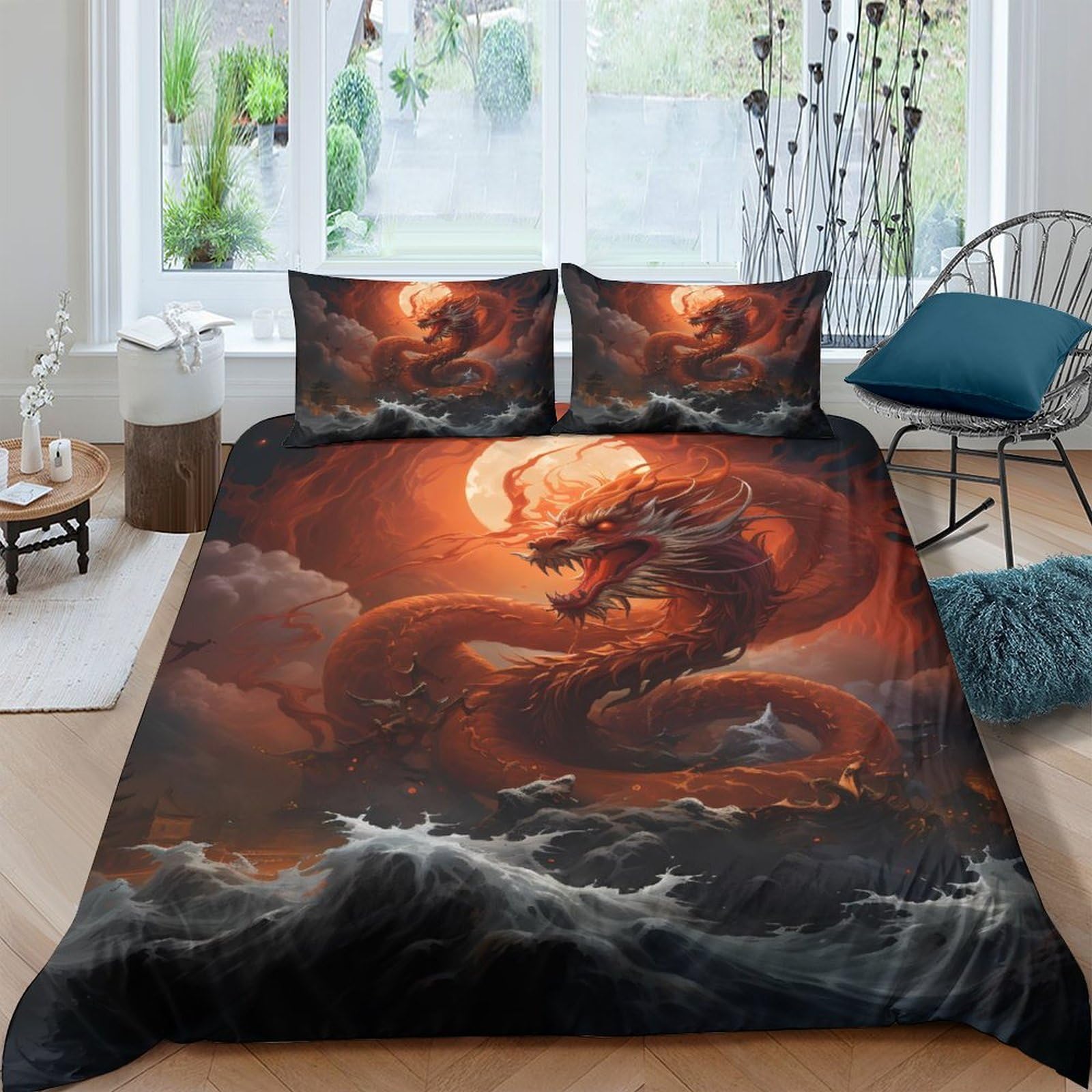 Ctjqhvkz Style-3 3D Printed Fiery Dragon Fitted Sheet Microfiber Soft Orange Black Storm Mattress Cover For Bedroom Dorm Decor Single（135X200cm）
