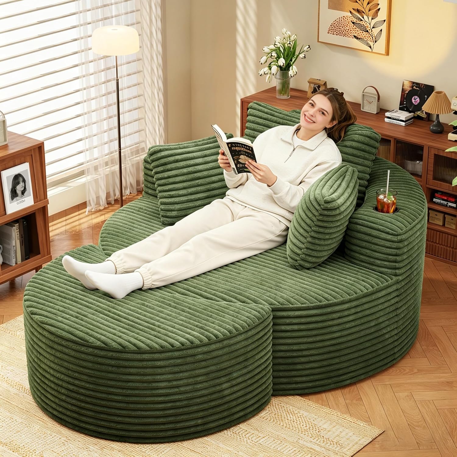 Round Chaise Lounge with Ottoman, 74.6" Oversized Cloud Comfy Boneless Sofa Chair Deep Seat Reading Circle Couch No Assembly Required for Living Room Bedroom Apartment, Green