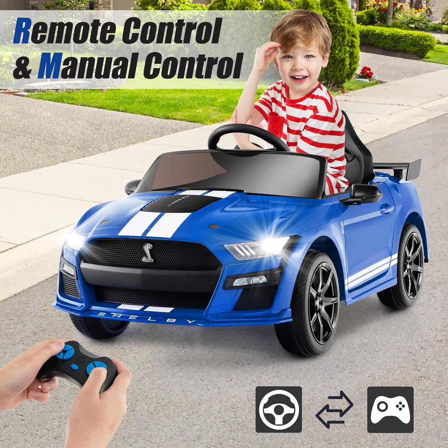 Licensed Ford Mustang GT500 Ride on Car for Kids by INFANS, Battery Powered Electric Vehicle with Remote Control, Headlight, Power Display, USB, Music, Electric Car for Kids to Drive Age 3+ (Blue)