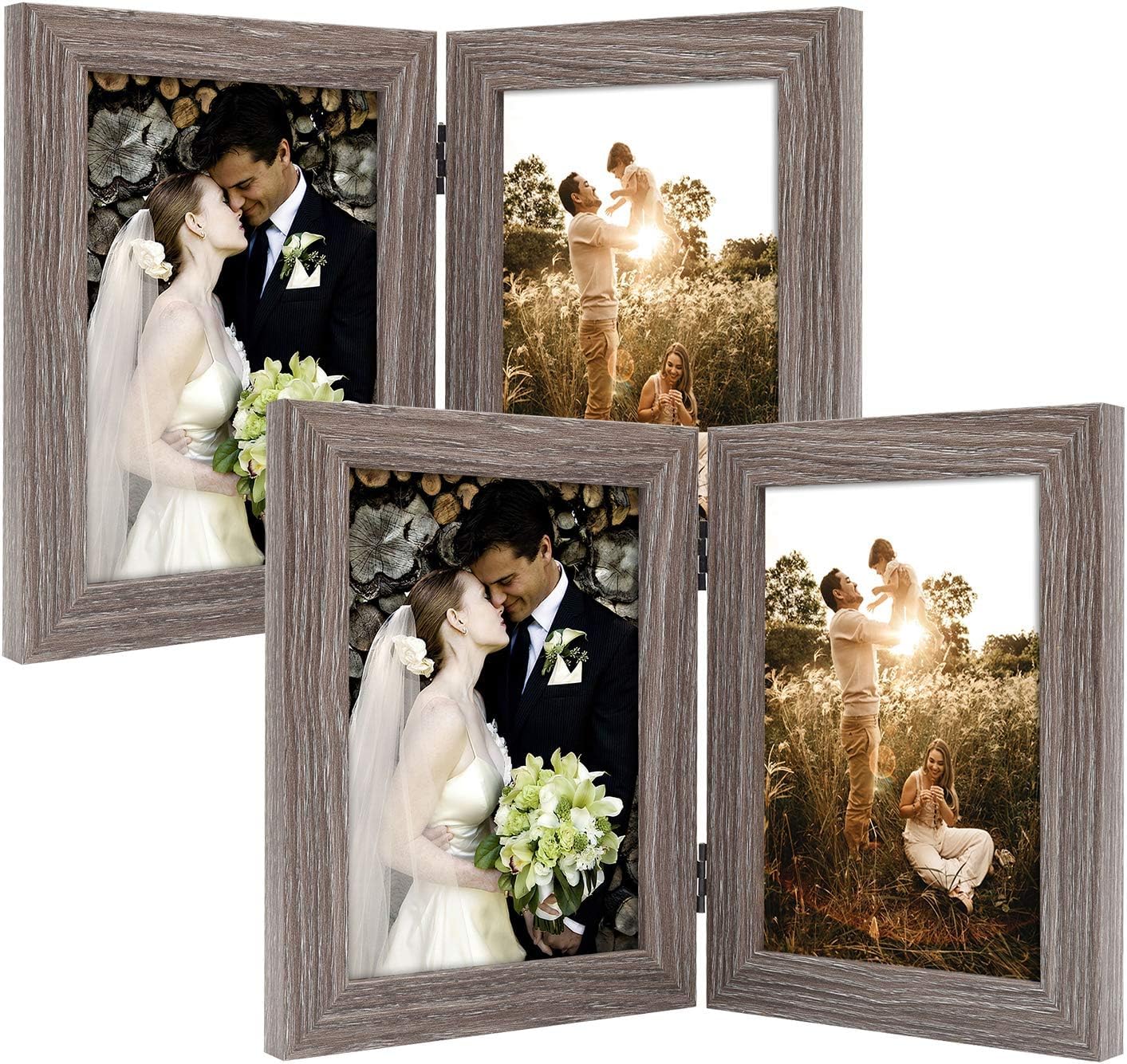 Golden State Art, 5x7 Double Picture Frame Vertical Hinged Photo Frame 2 Opening Folding Family Frames Collage, with Real Glass (5x7, Grey, 2-Pack)