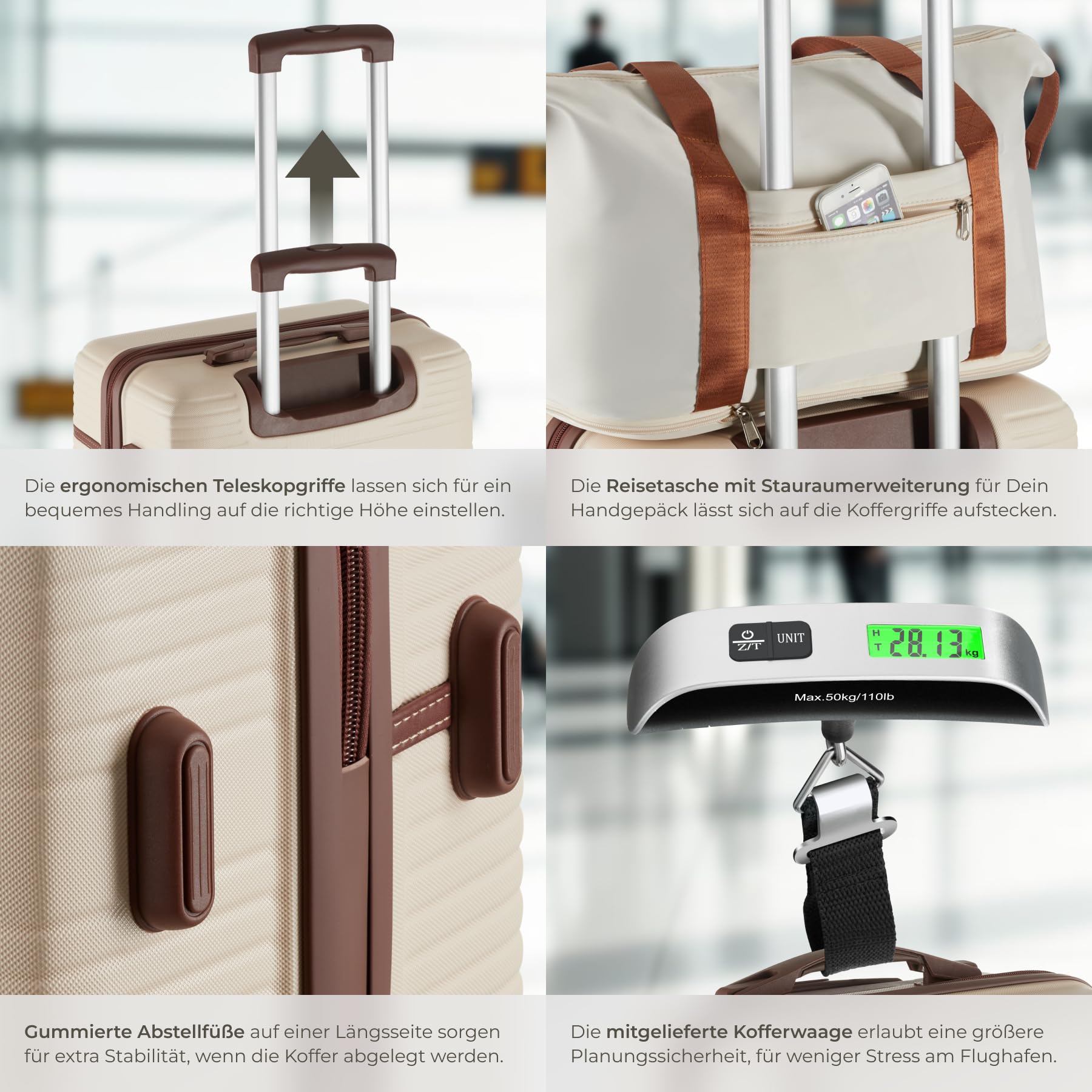 tectake® 13-TLG. Koffer Set mit Reisetasche, Koffer & Trolleys, Reisekoffer mit Rollen, Kofferset mit 3X Koffer groß und Tasche, Hartschalenkoffer mit TSA Schloss - Creme
