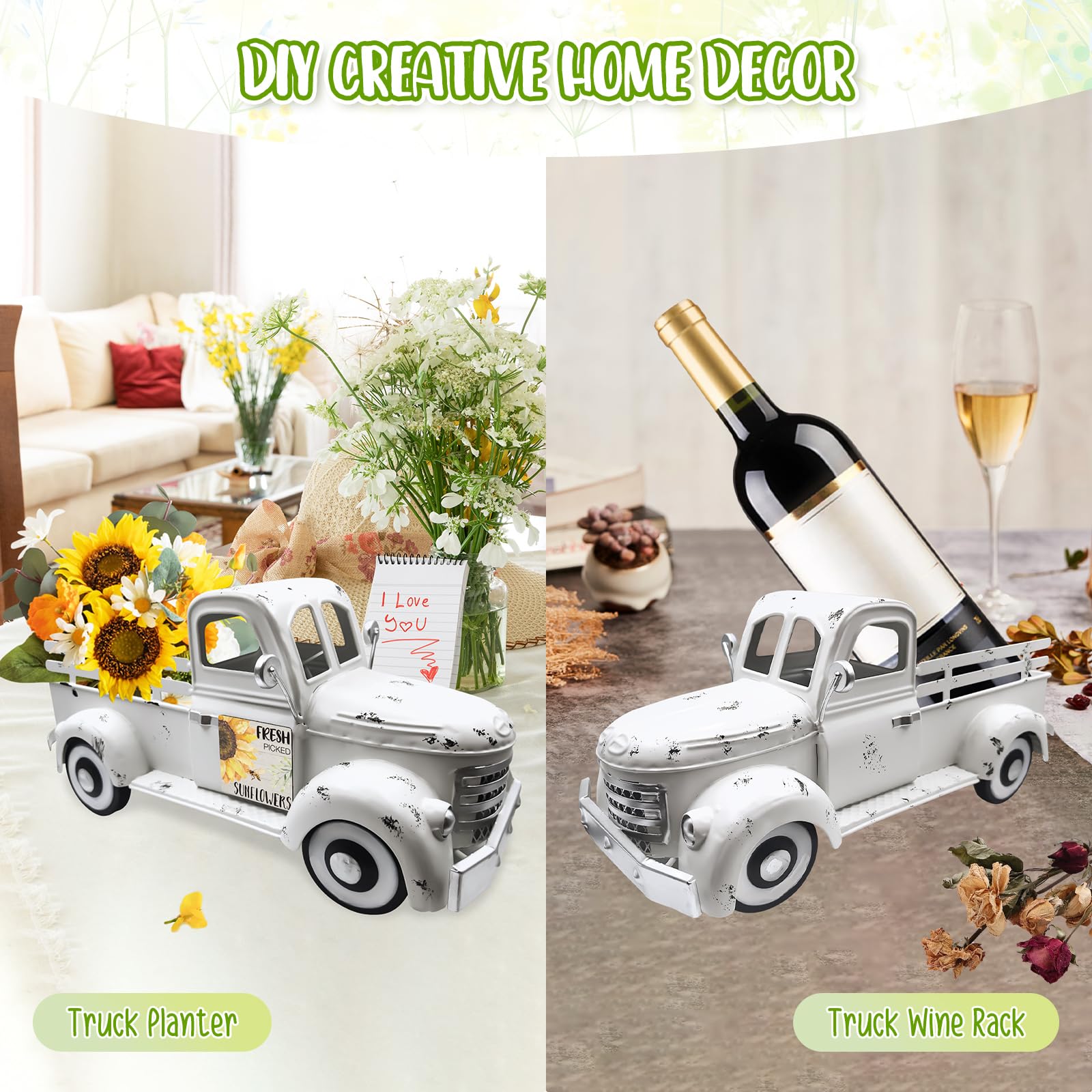 Macetero de 34cm para Coche, Camión de Metal Decorativo con 20 Imanes de Temporada para Casa, Decoración Centro de Mesa Versátil para Jardín, Balcón, Cocina, Adornos Salon, Escaparate o Terraza