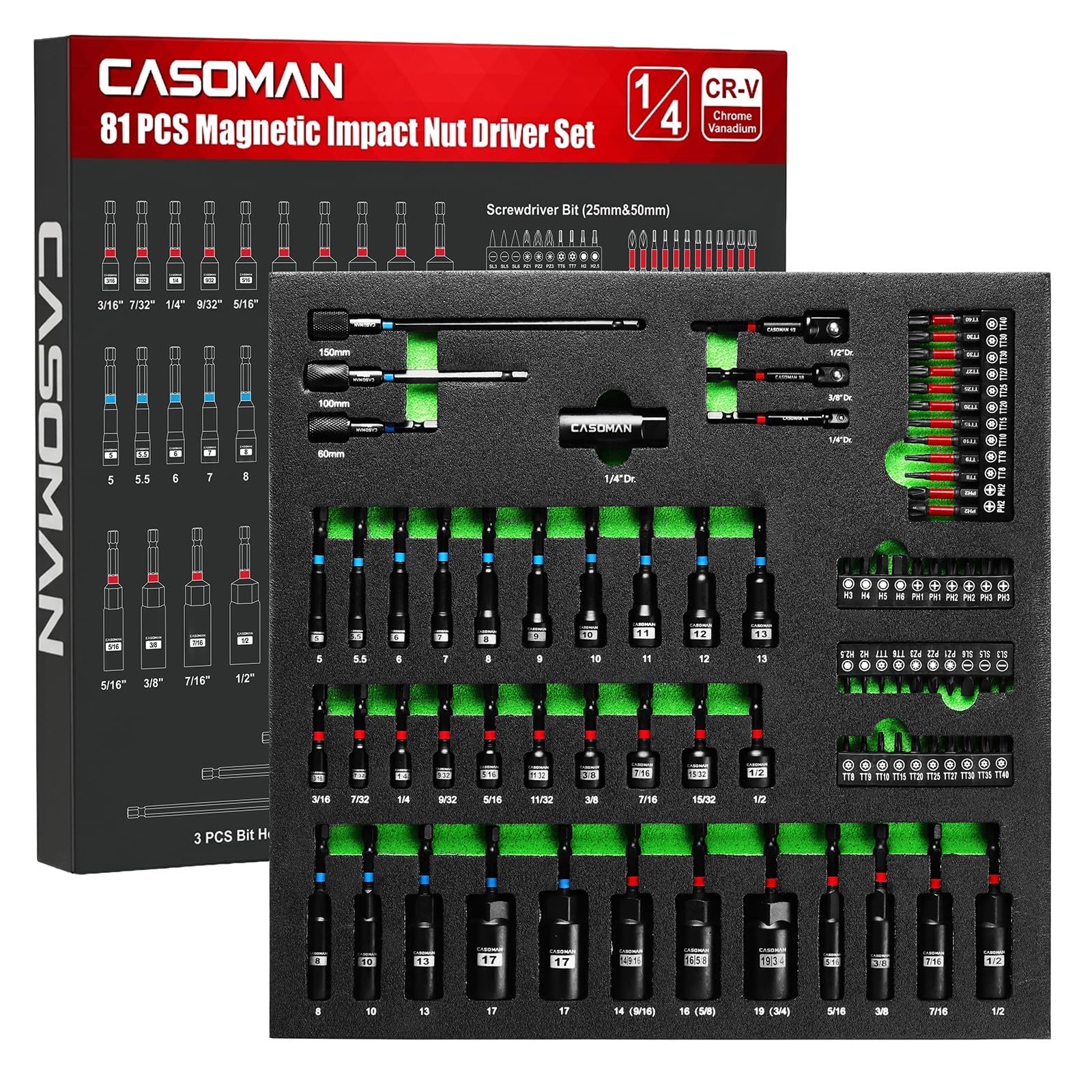 CASOMAN Set di 81 cacciaviti magnetici per trapano a percussione, sistema metrico e SAE, include punte per cacciavite, supporto di estensione per punte a sgancio rapido, adattatori per bussole