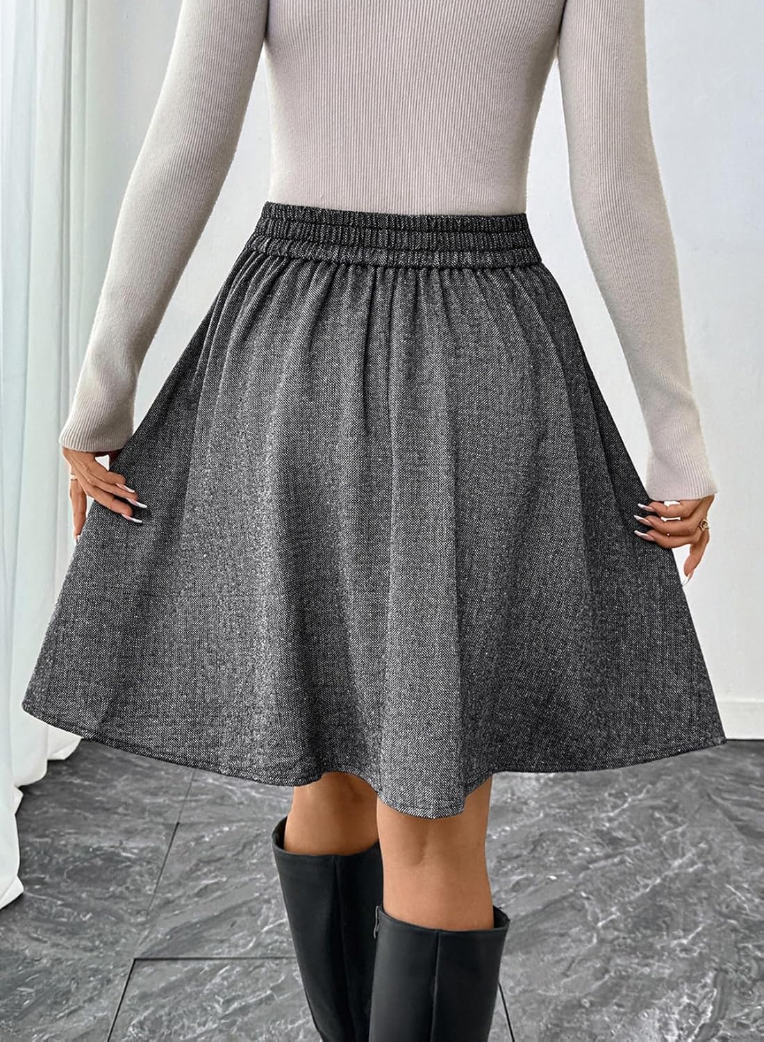 Happy Sailed Womens Winter Fall Tweed High Waisted Flared Mini Skater Skirt A Line Pleated Midi Skirts - Image 5