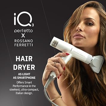 GA.MA IQ3 Perfetto x Rossano Ferretti Hair Dryer with 120,000 RPM Brushless Motor, Smart Auto-Standby, Oxy Active Anti-Frizz Technology, Pearl White