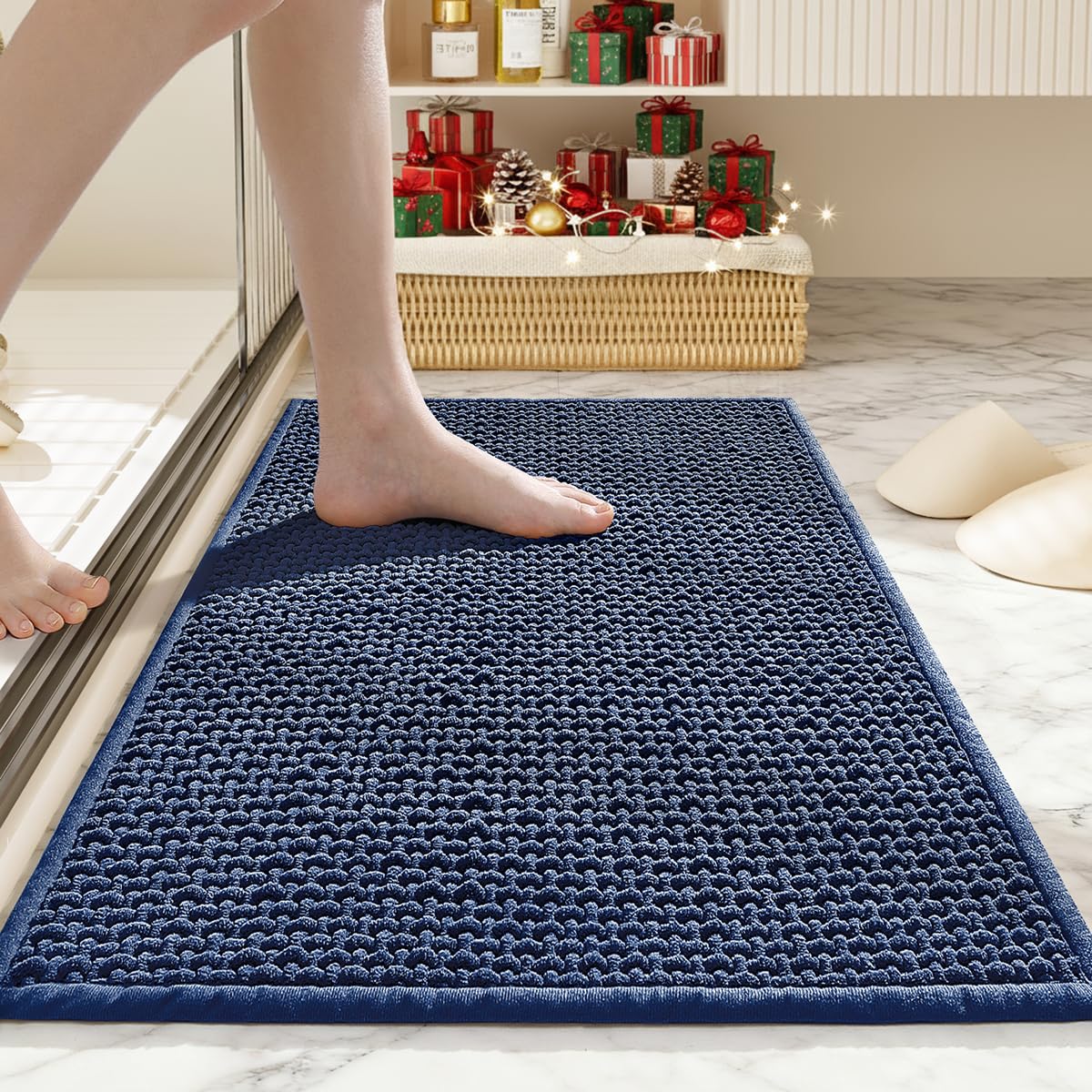 HRILO Bathroom Rugs Non Slip Washable, Super Absorbent Thin Bath Mat for Small Quick Dry Low Pile Bathroom Rug, (Navy Blue, 32″x20″)