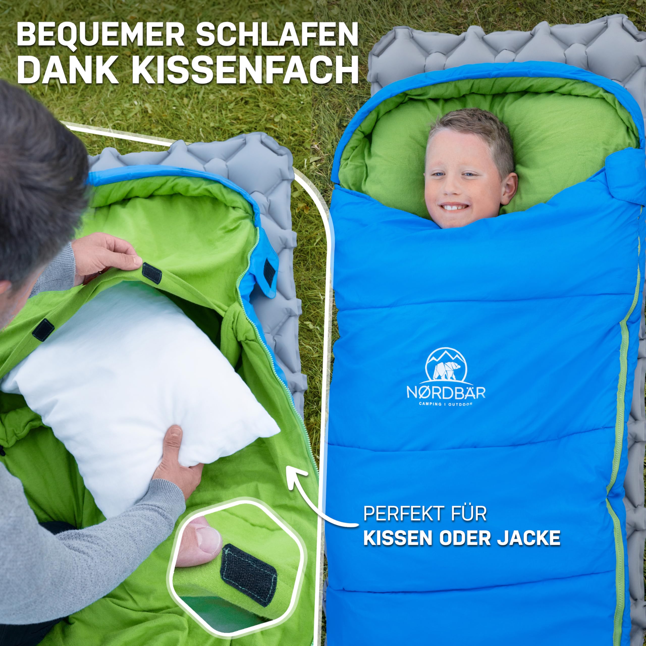 NORDBÄR® Kinderschlafsack für Jungs & Mädchen bis 145 cm Körpergröße | Innenfutter aus 100% Baumwolle | Mumienschlafsack leicht & warm | Kinder Outdoor Schlafsack [1200g] | Camping Kinderschlafsäcke