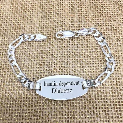 Miniatura 6 de LGU Pulsera grabable de plata de ley con cadena Figaro para identificación de alerta médica