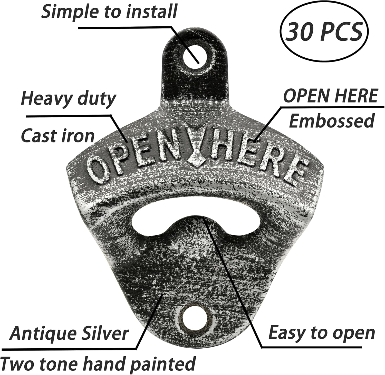 30 PCS Antique Cast Iron Bottle Opener Wall Mounted Bulk Beer Soda Top Opener Post Mounted Silver for Cooler Table