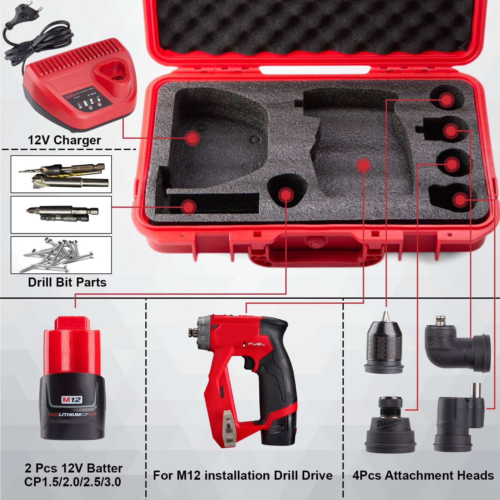 YDEPLVEO Hard Case for Milwaukee M12 Fuel Installation Drill/Driver Kit & Accessories (2505-22) | High-Density Foam | Durable Protective Carrying Storage Tool Box Organizer | (CASE ONLY)