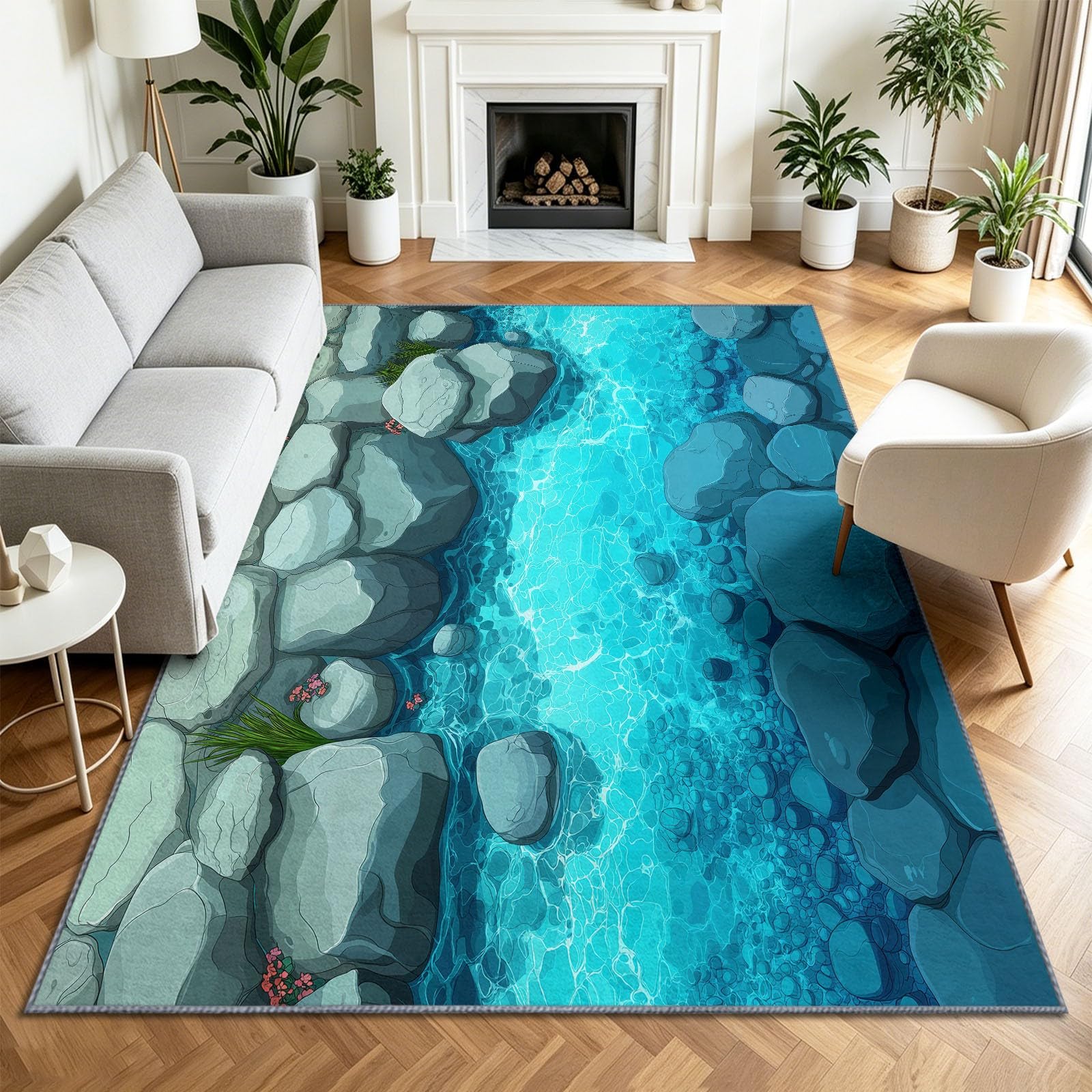 Grand Tapis Salon 140x200cm Piscine Cartoon, Tapis de Salon Lavable en Machine Antidérapant à Poil Ras, Rocher Gris Doux Tapis Chambre Adulte pour Salle à Manger Couloir