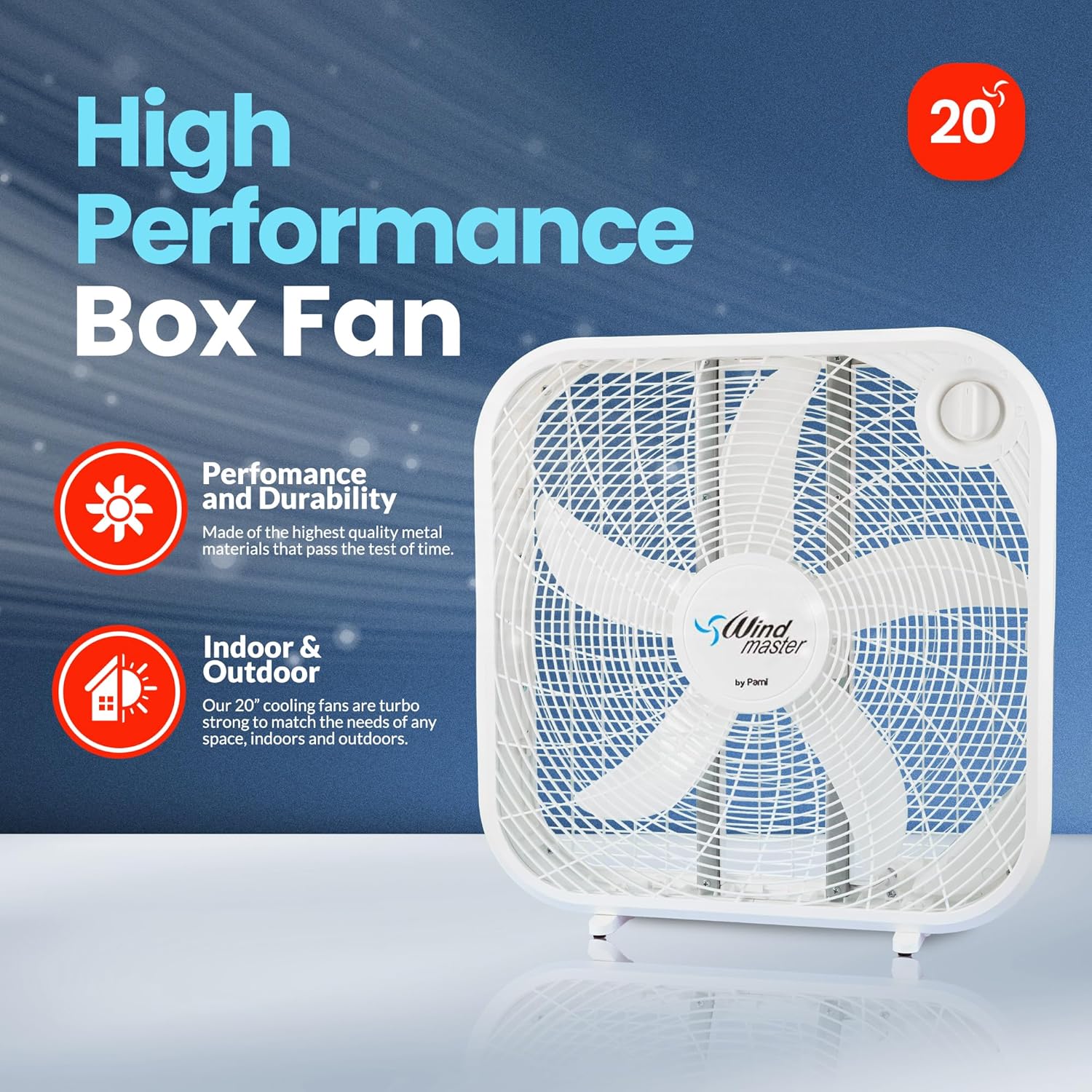 PAMI 20” High-Performance Box Fan - Portable Floor Fan With 3 Speed Levels & Carry Handle- Cooling Air Flow Technology Standing Room Fan- Electric Cooling Fan For Bedroom Home Dorm Office, White