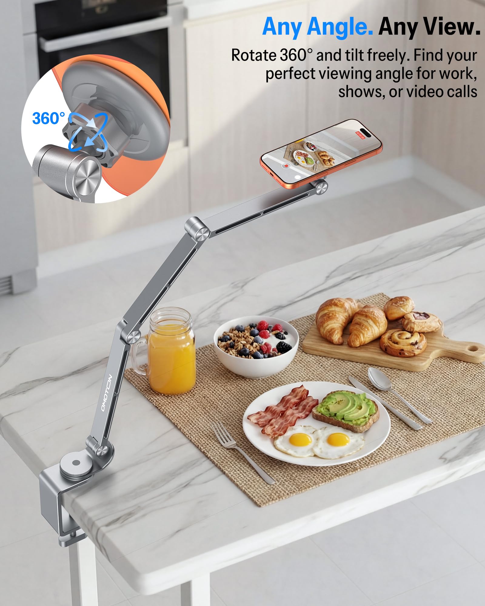 OMOTON Supporto per tablet regolabile per scrivania, supporto per tablet in lega di alluminio per iPad, supporto per telefono girevole a 360° con 2 morsetti, supporto per telefono per letto con