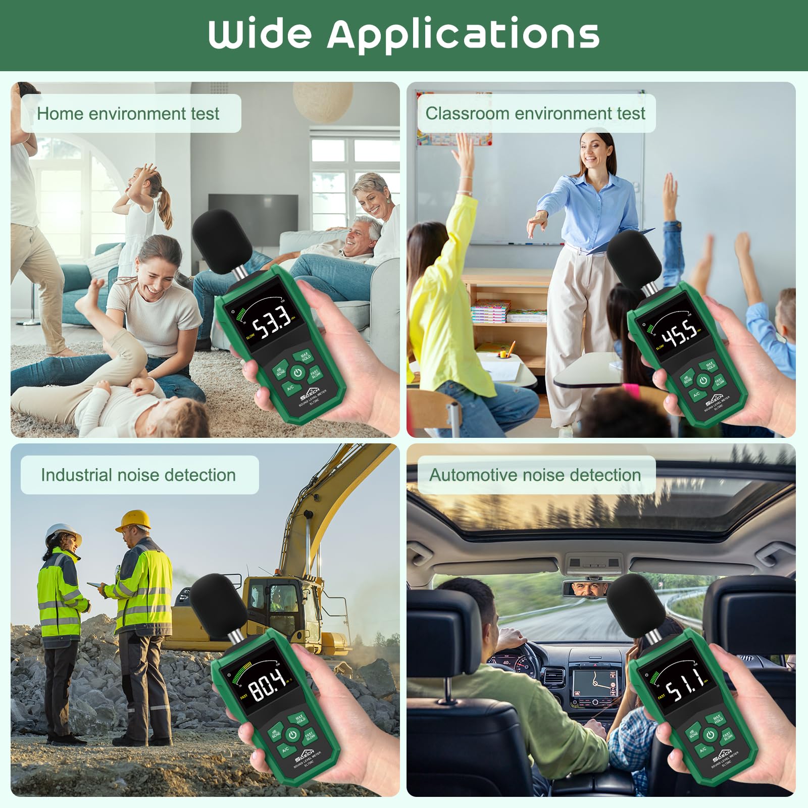 SQECH Dezibel Messgerät, Schallpegelmessgerät mit Farbigem Hintergrundbeleuchtetem Bildschirm, dB Messgerät mit A/C-Bewertung, dB/SONE-Einheiten, Schnelle/Langsame Reaktion, Bereich 30–130dB