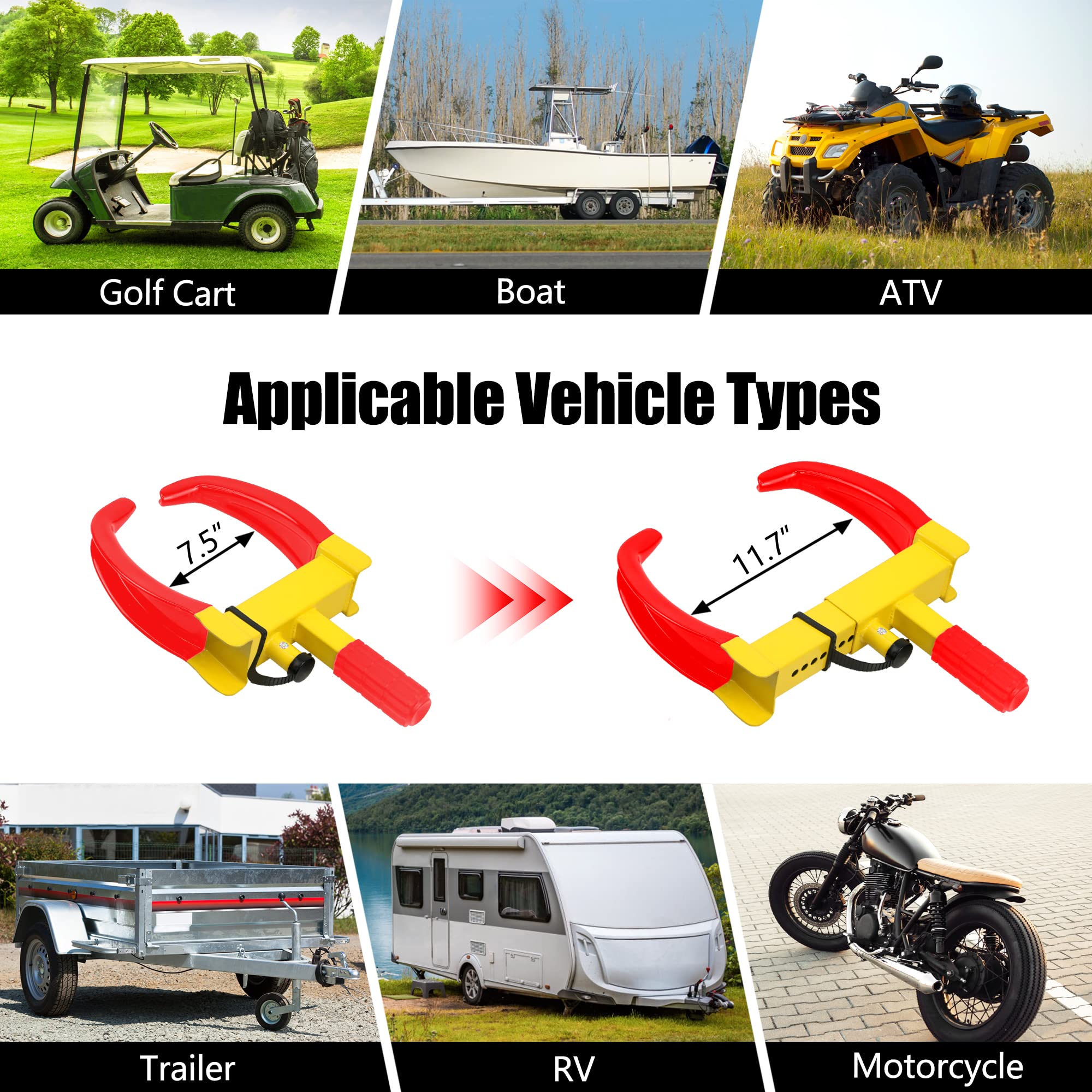 KAYCENTOP Wheel Clamp Lock Tire Lock Anti Theft Lock Fit Most Vehicles Max 11" Tire Width and 7" Reach for Trailers SUV Boats ATVs Motorcycles Golf Cart Great Deterrent Bright Yellow/Red, 3 Keys