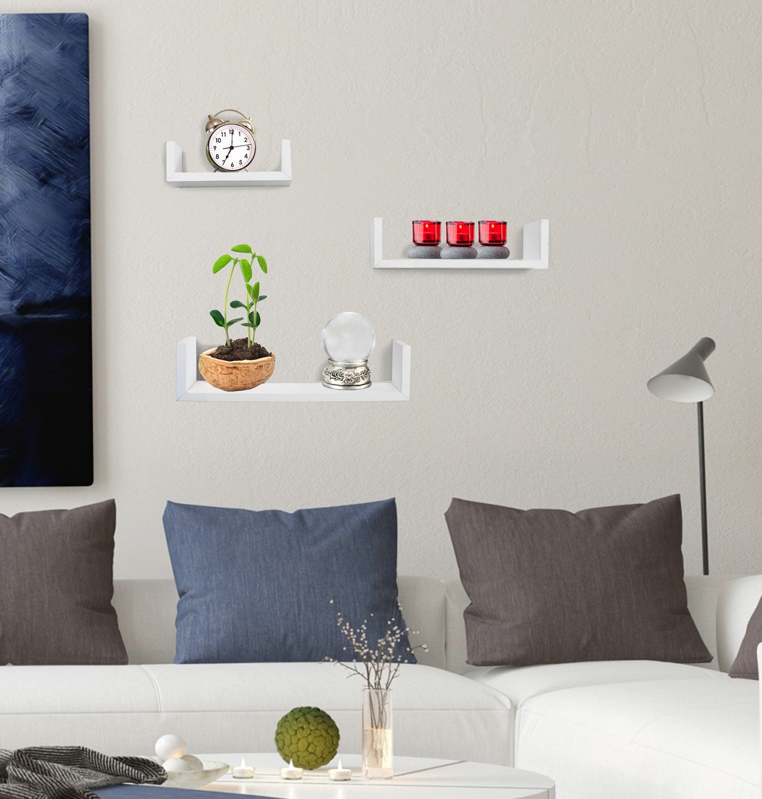 Greenco Set of 3 Floating “U” Shelves, Easy-to-Assemble Floating Wall Mount Shelves for Bedrooms and Living Rooms, White Finish