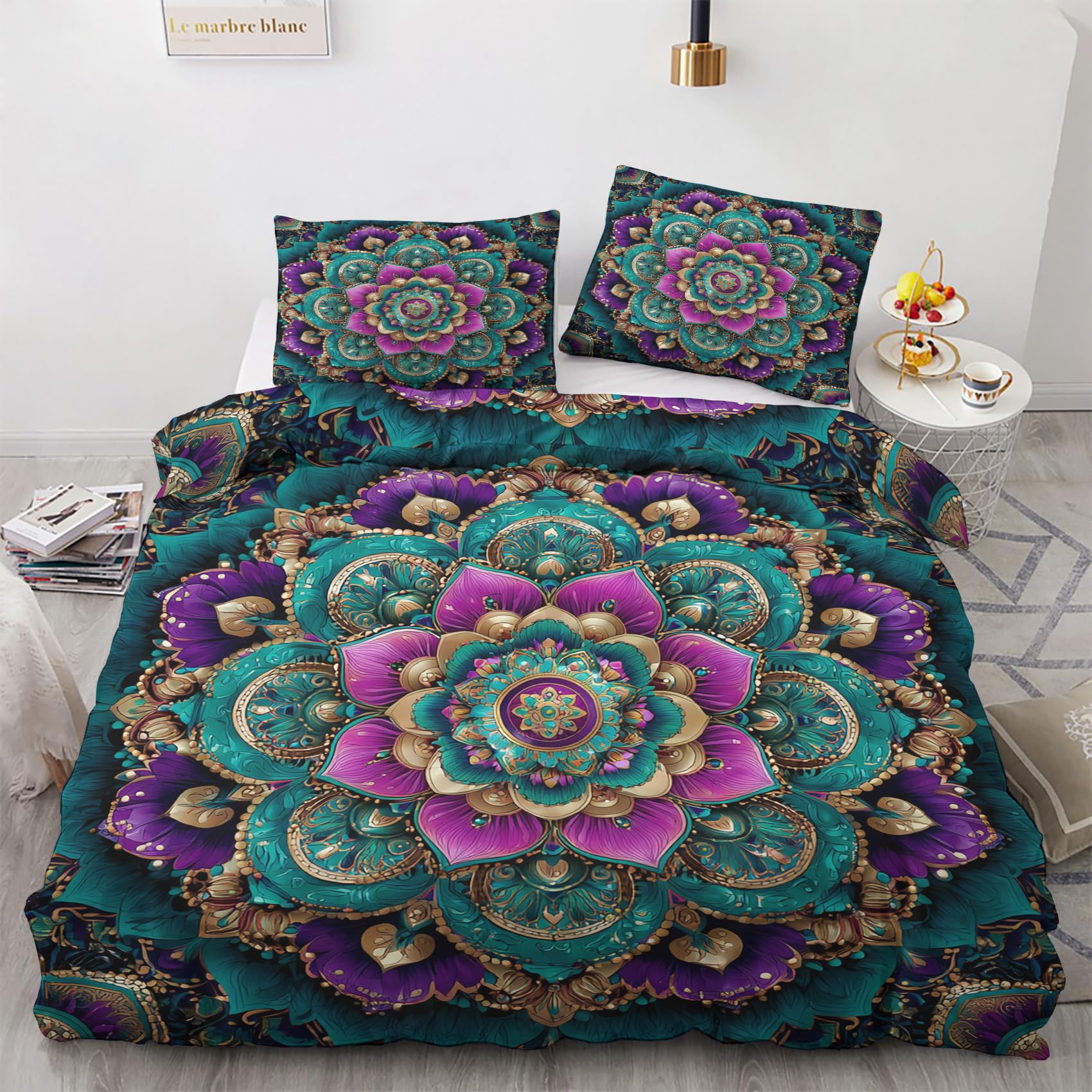 Housse de couette mandala 240x260 cm bohême verte et violette avec taies