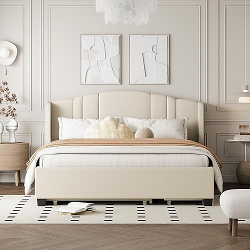 Miniatura 115 de Elegante cama con plataforma tapizada de terciopelo de tamaño Queen con cabecero, para niños, niñas y adolescentes (beige @cabecero/, Queen)