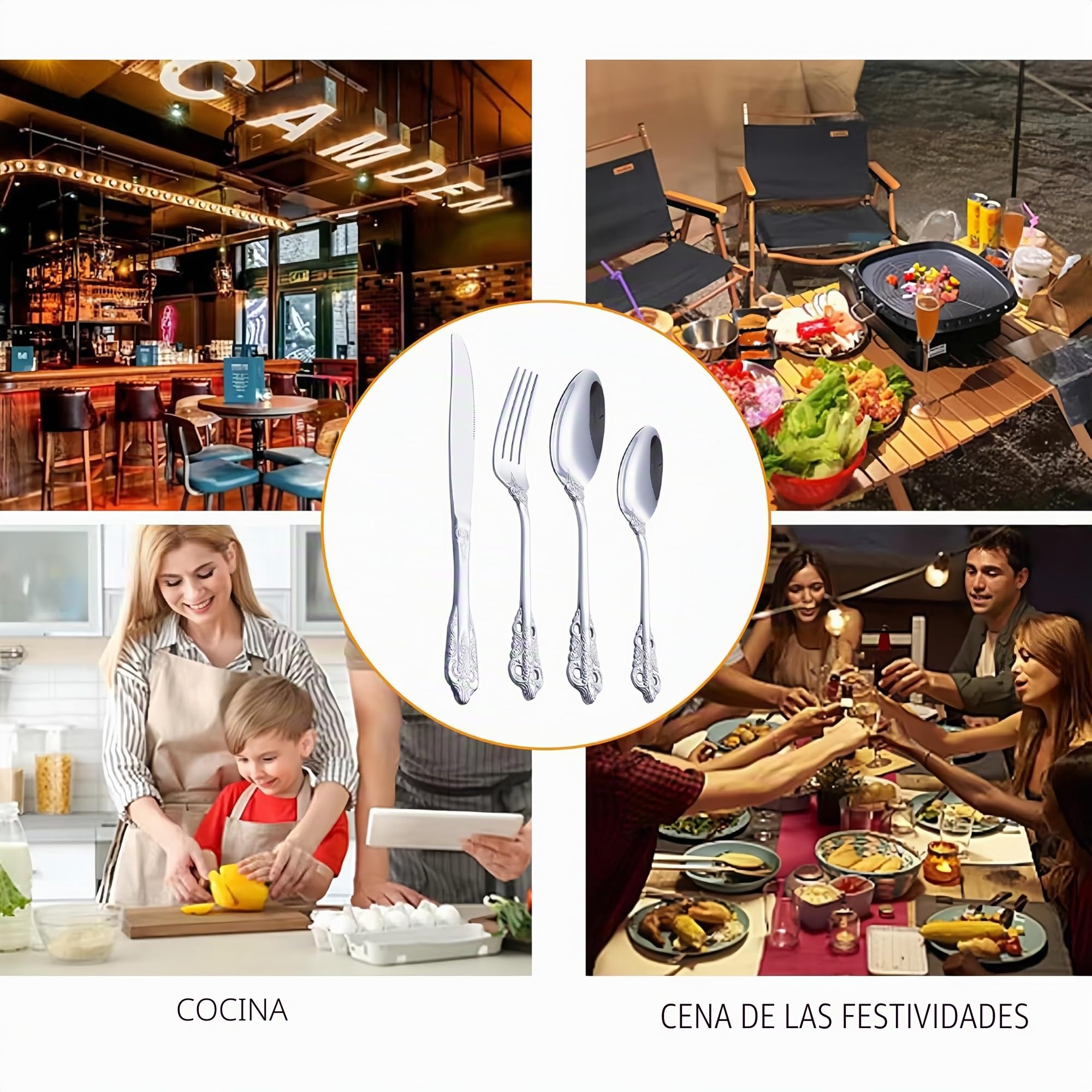 Juego de cubiertos martillados de 24 piezas, acero inoxidable, cuchillo, tenedor, cuchara, juego de cubiertos para 6 personas, modernos cubiertos de plata para casa/restaurante/fiesta