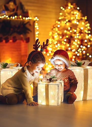 Miniatura 5 de 3 cajas de regalo iluminadas, decoraciones de Navidad, 12 pulgadas, 10 pulgadas, 8 pulgadas con 60 mini luces preencordadas, cajas de regalo