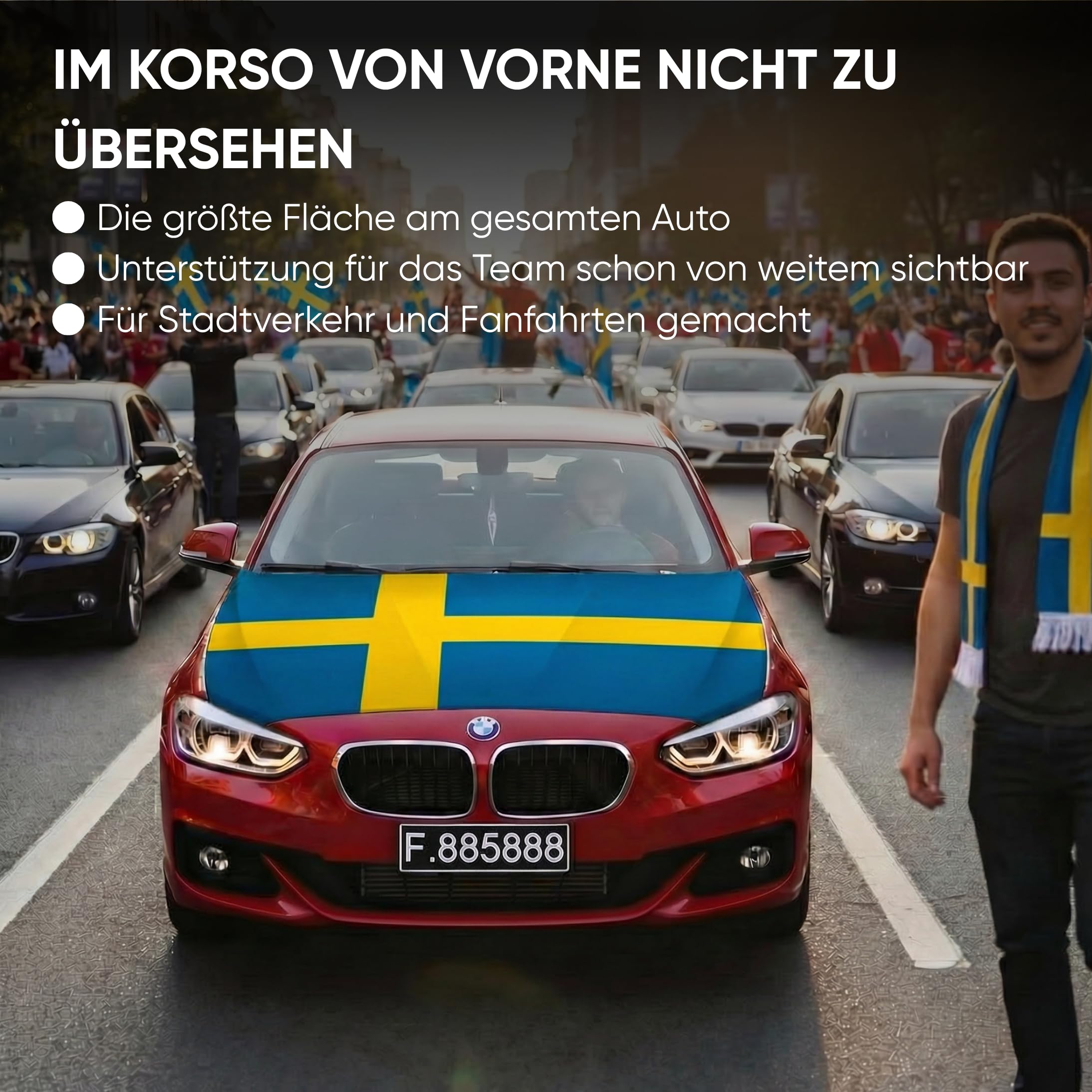 Auto Fahnen Schweden Komplett Set - Motorhaubenfahne, 2 Autofahnen Fenster & 2 Außenspiegelfahnen, Fußball Fanartikel FZG für EM & WM, Schwedische Flagge Fahrzeug Deko