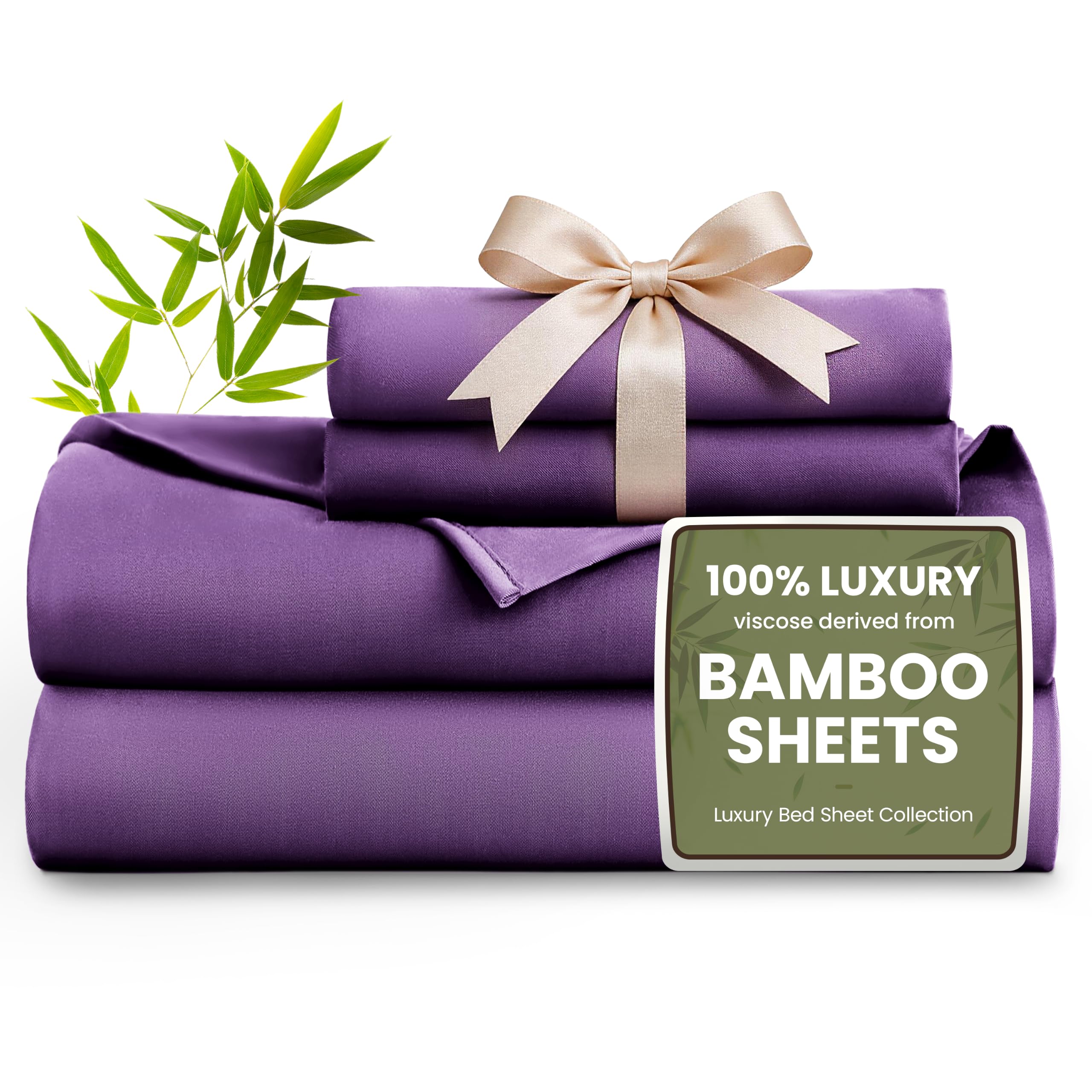 Love's cabin 4 Piece King Size Sheet Set, 100% Rayon Derived from Bamboo, Cooling &amp; Breathable, Soft Silky Deep Pocket up to 16", Hotel Luxury Bedding for Hot Sleepers, Purple