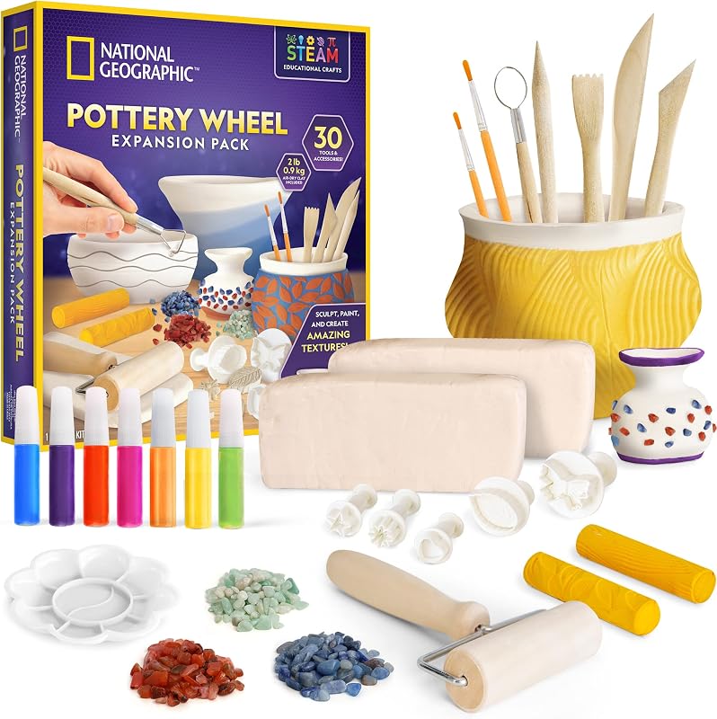 National Geographic Pottery Wheel Refill Kit with 2 Lbs. Air-Dry Clay | 2 Lbs. Air-Dry Clay, 30 Pottery Tools and Accessories, Gemstone Chips, 7 Paints, Sculpting Supplies, Creative Craft