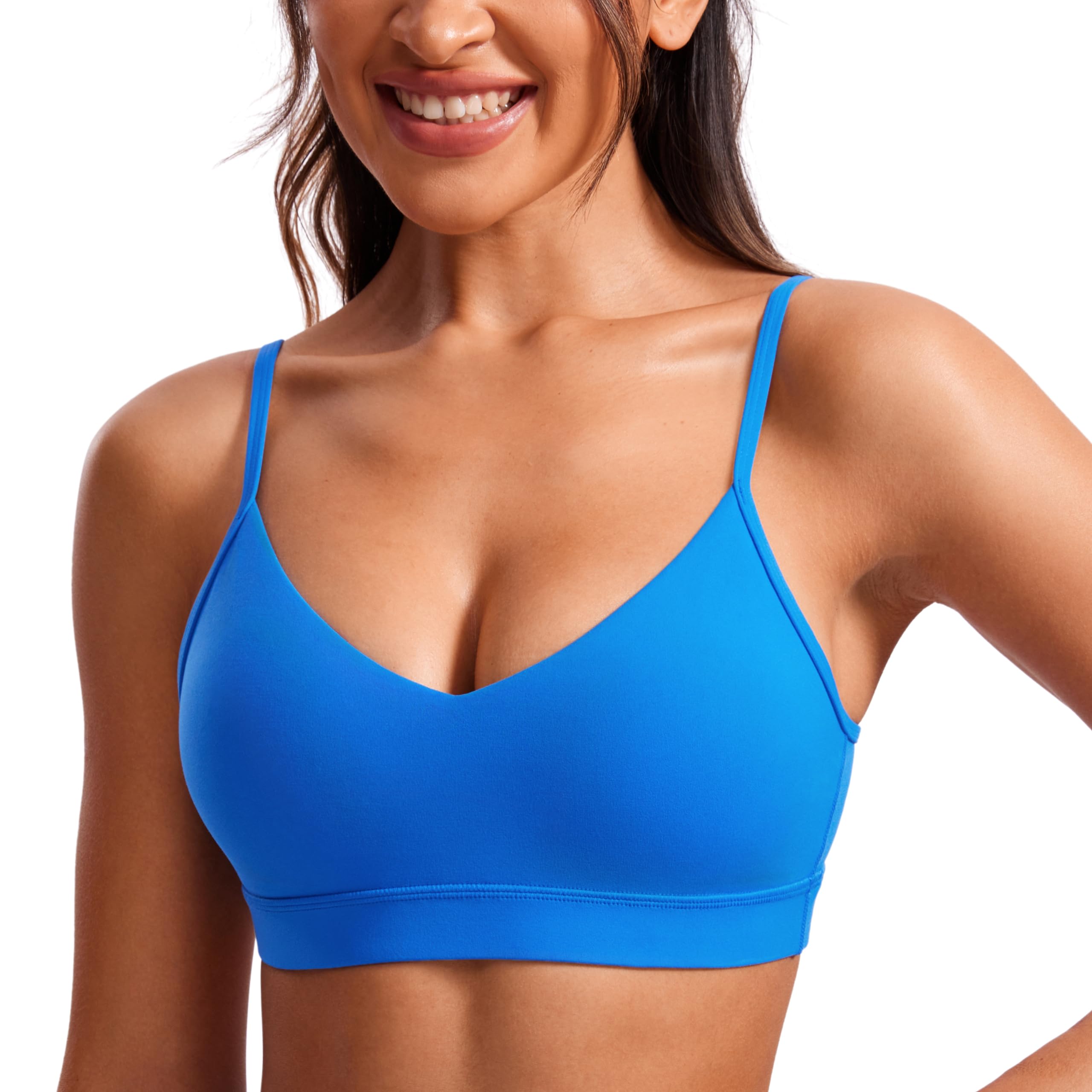 CRZ YOGA Butterluxe V-Neck Sports Bras for Women - Adjustable Thin Straps Padded Yoga Top Basic Wireless Camisole