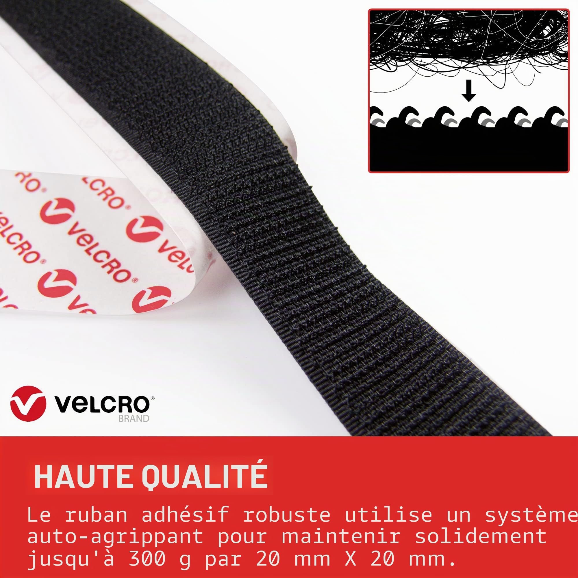 Velcro Ruban Adhésif Auto-Agrippant Crochets Boucles 20 mm x 1 m Noir