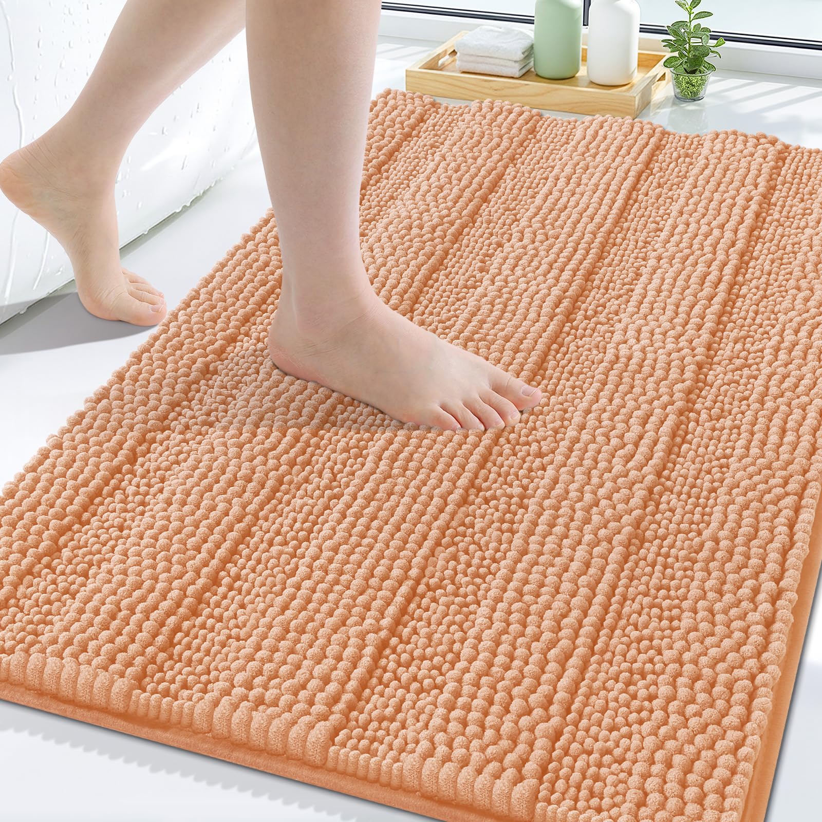 Grandaily Chenille Bathroom Rugs 30x20, Soft Absorbent Bath Mats, Peach