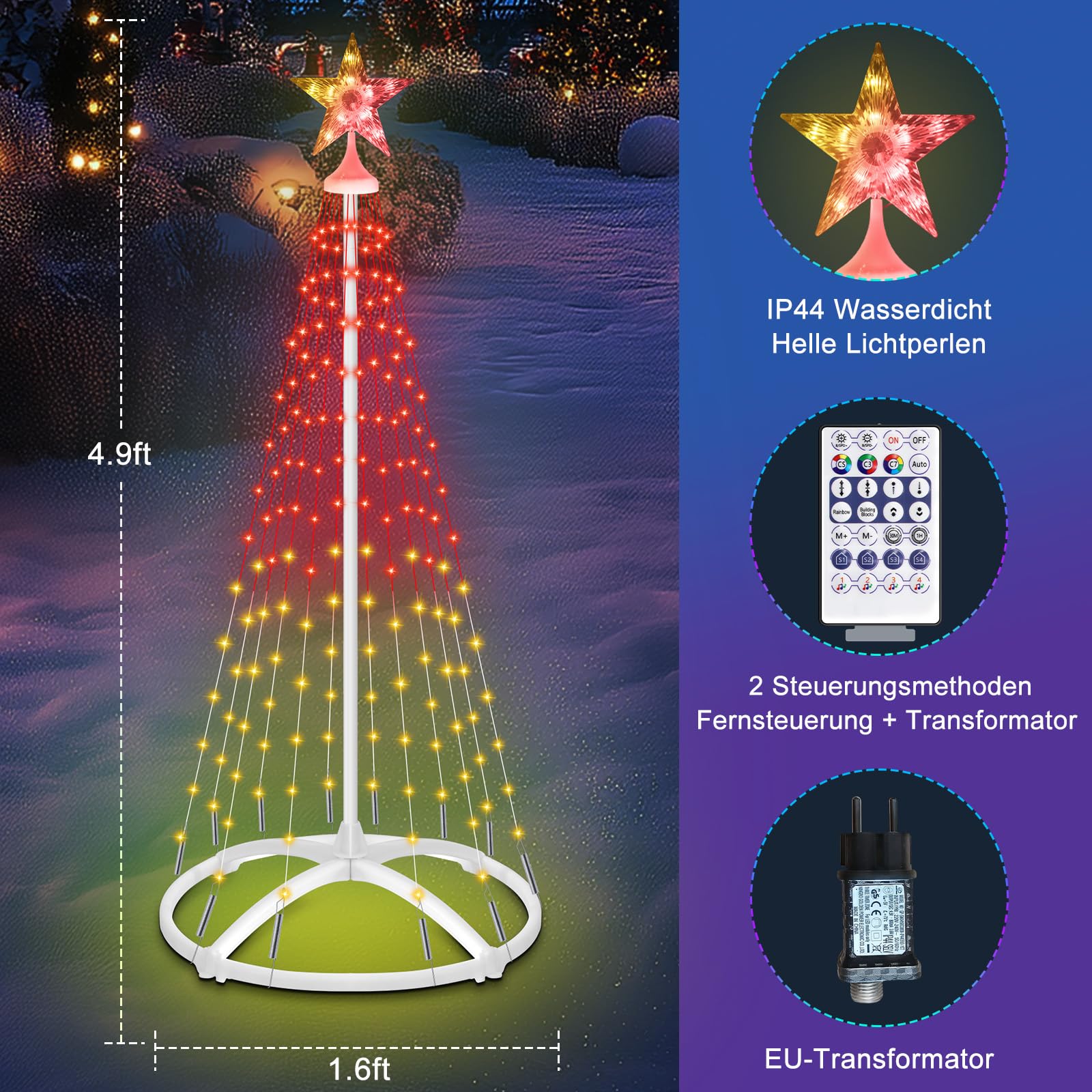 1.5M Luci Albero di Natale Smart con APP, 166LED Luci Albero Natale da Esterno con Stella,Conico RGB Multicolore,con Telecomando/APP per Decorazione Giardino e Balcone
