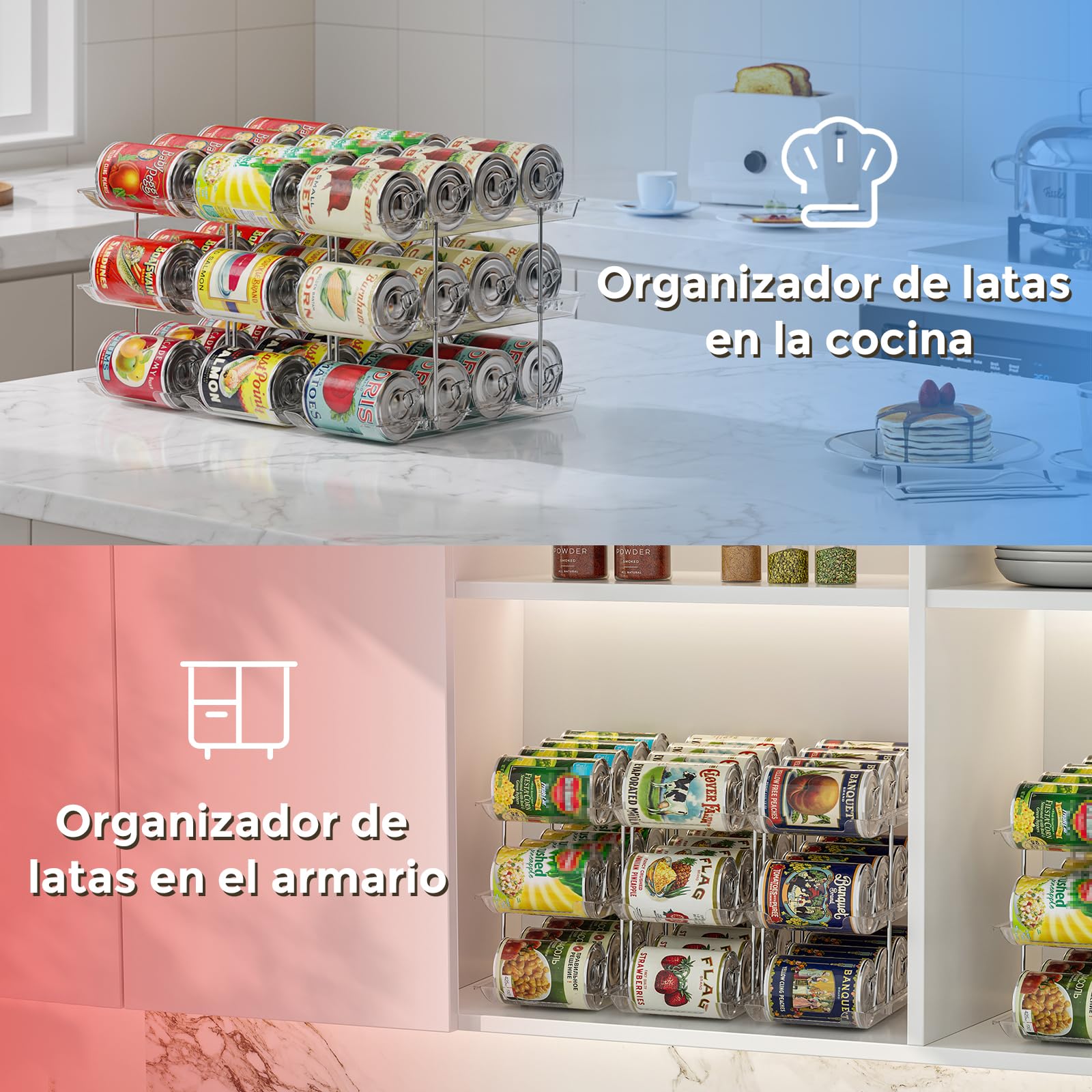 Organizador de latas apilable de 3 niveles para despensa, organizador de refrescos para nevera con capacidad para 36 latas, dispensador automático de latas para cocina, transparente