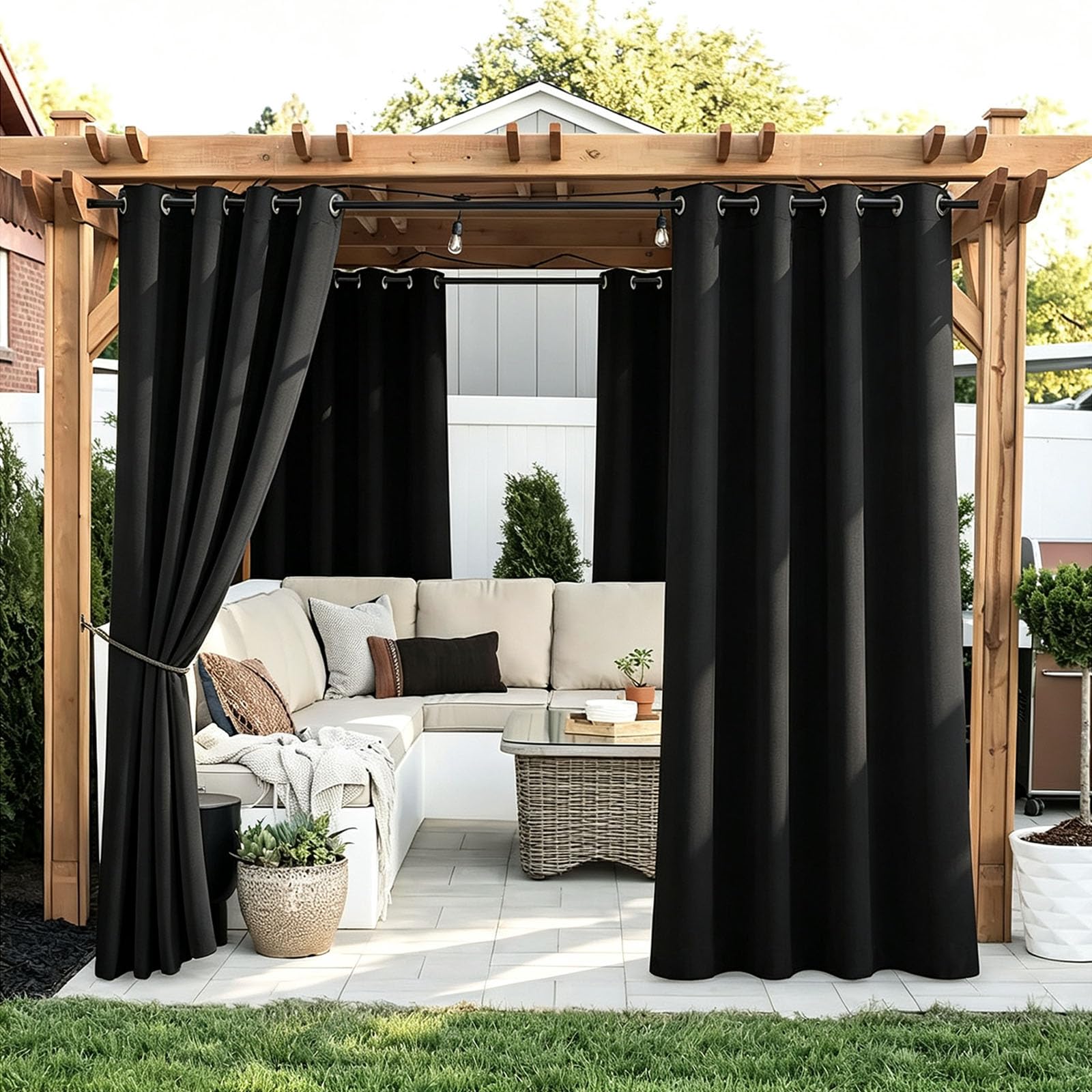 Outdoor Vorhang 132 x 245 cm Wetterfest Wasserdicht Sichtschutz Sonnenschutz Gardinen Garten Winddicht Outdoor-Vorhang Wetterfest für Garten Balkon, Schwarz