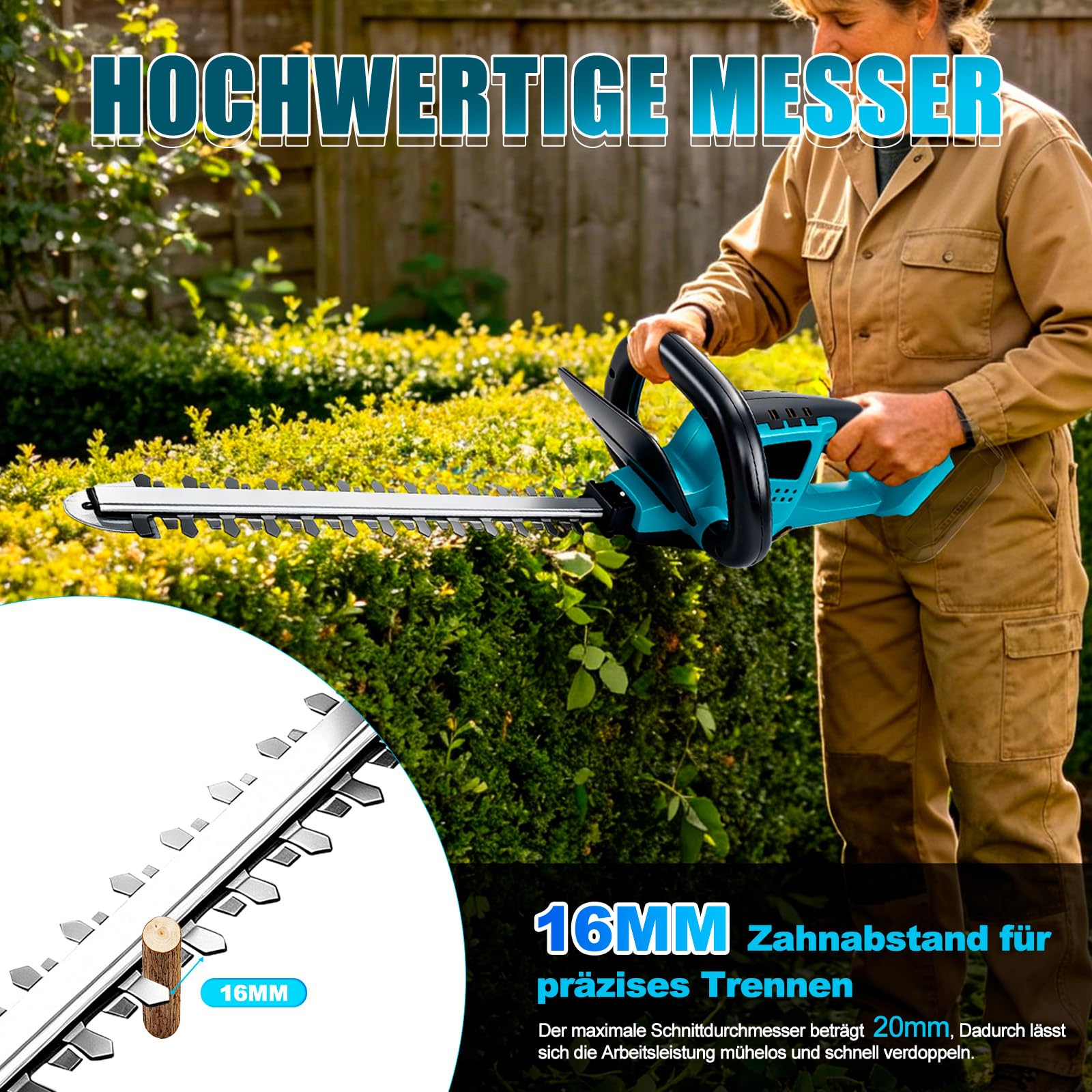 Akumulatorowe nożyce do żywopłotu kompatybilne z Makita 18 V, 550 W, bezszczotkowe elektryczne nożyce do żywopłotu, długość cięcia 52 cm, odstęp między zębami 16 mm, podwójne ostrza tnące (bez
