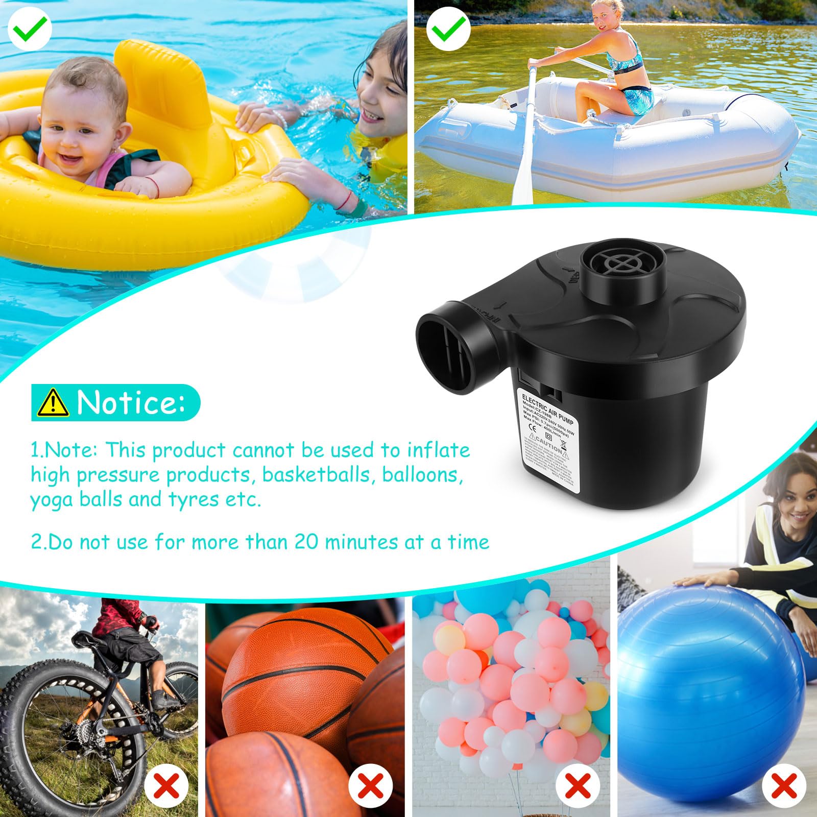 Mini Pompe à Air électrique 240V/50W | Gonfleur-dégonfleur 400 L/min, Pression 5000 Pa – 3 Buses Incluses, Léger 278g Pour Matelas, Piscine, Bouées