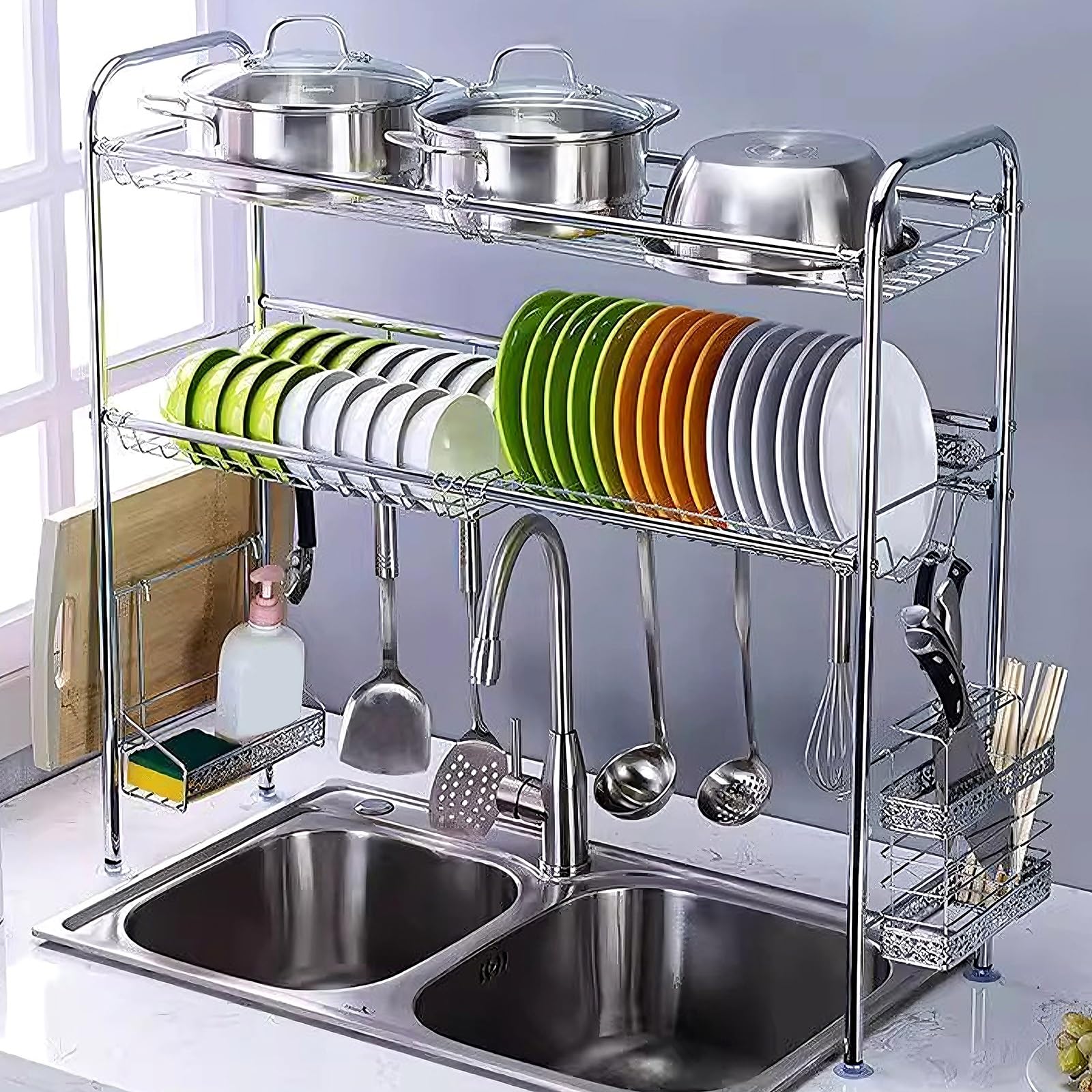 Scolapiatti in acciaio inox e vetro, con ganci, per pentole e padelle, salvaspazio, cassetto porta piatti, portata 30 kg, 93 x 26,5 x 82 cm, per appartamenti e case