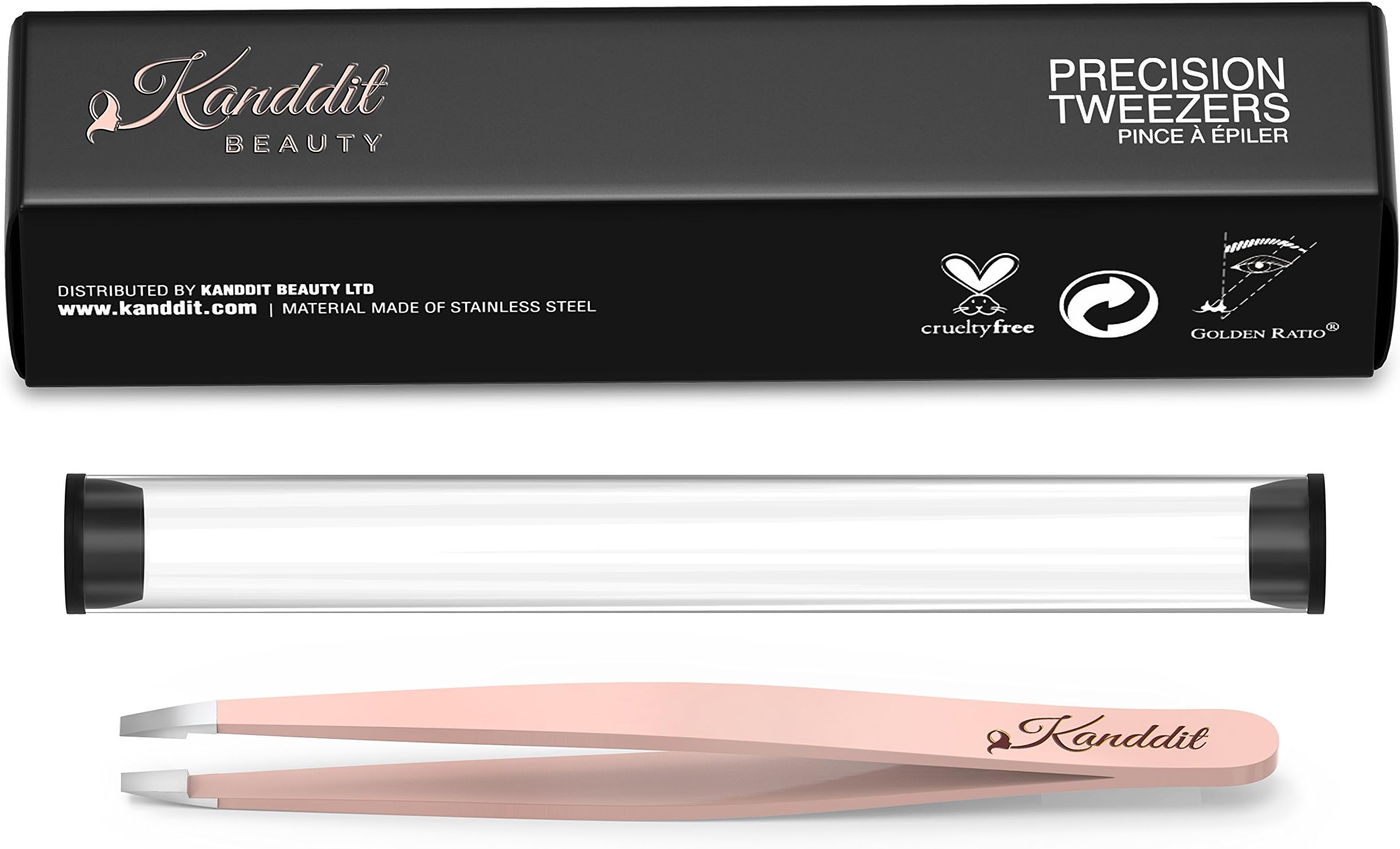 Kanddit Beauty™ Pink Professional Beauty Eyebrow Tweezers Slanted Tip with Gift Box and Tip Protector (Pink)