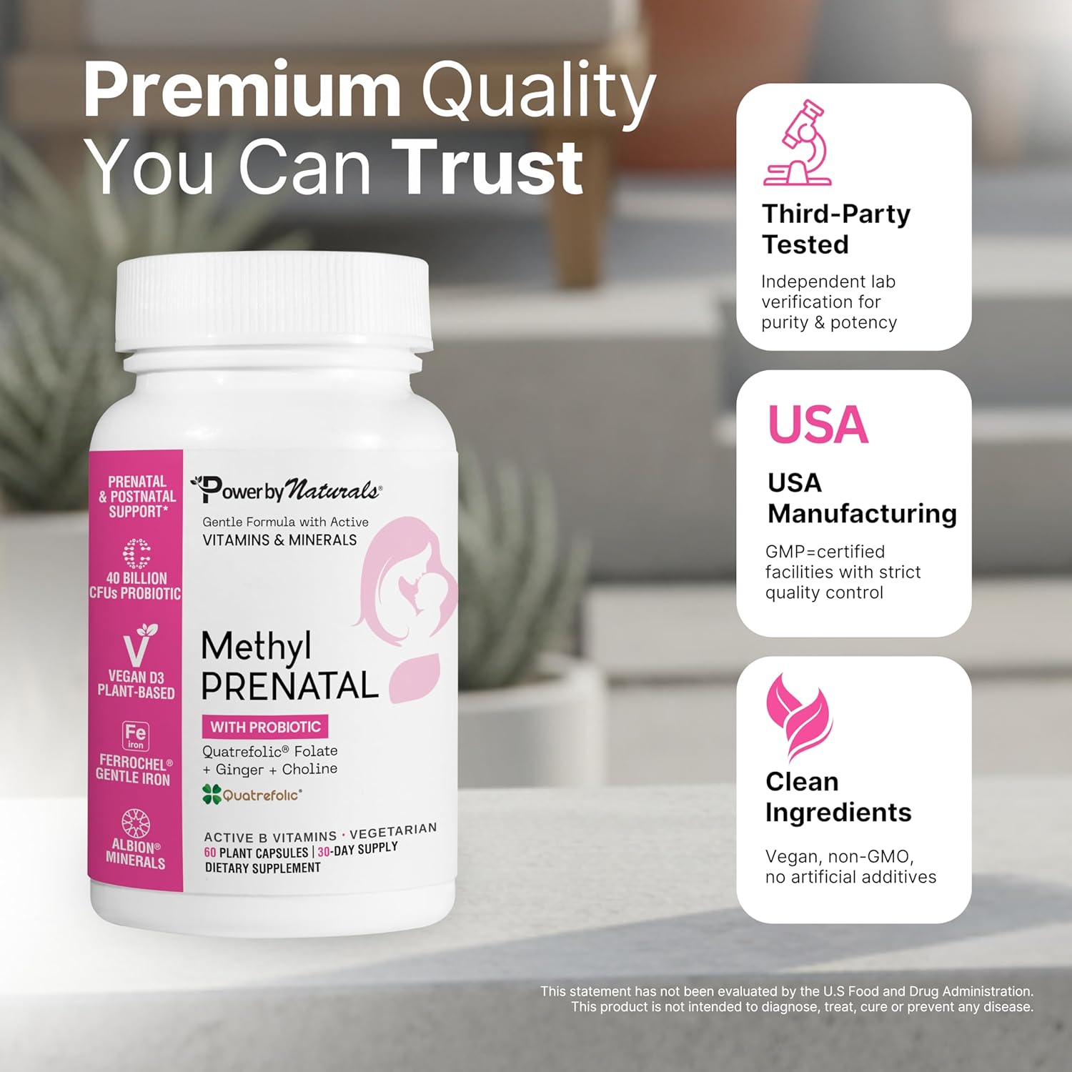 Power By Naturals Methyl Prenatal with Probiotics – Prenatal Vitamins for Women with Iron, Methyl Folate, Ginger, Active B12 & 27+ Essential Nutrients, Pregnancy Supplements, 60 Vegan Capsules - Image 5