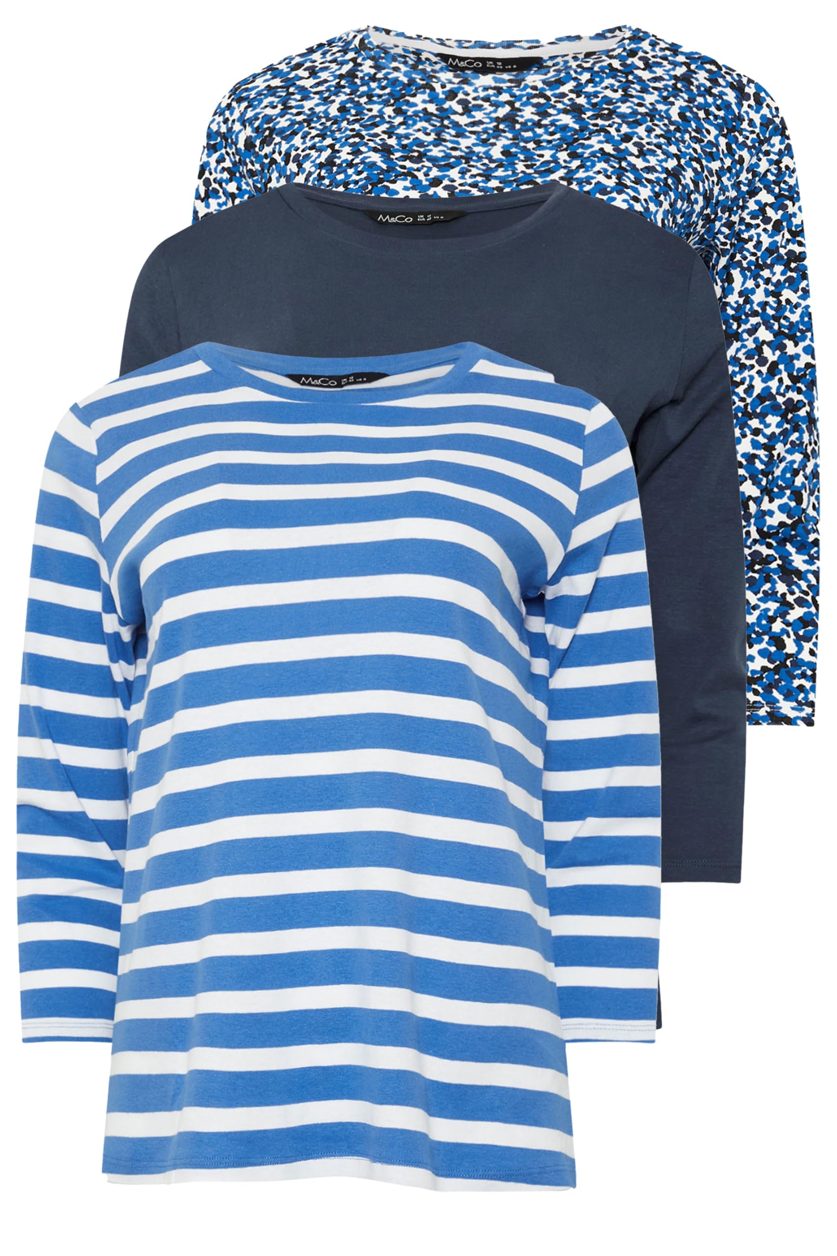 M&Co Women's Blue 3 Pack Stripe & Animal Print Cotton Crew Neck Tops