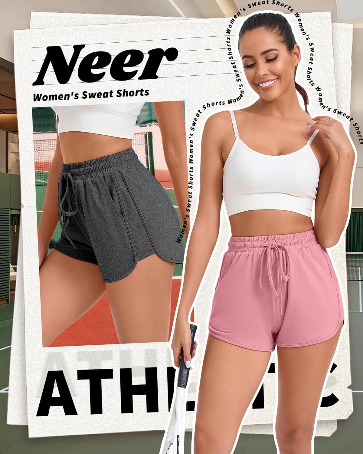 Neer 4 Pack Women's Sweat Shorts Athletic Casual Workout Shorts Loose Drawstring Summer Gym Lounge Sweatpants with Pocket
