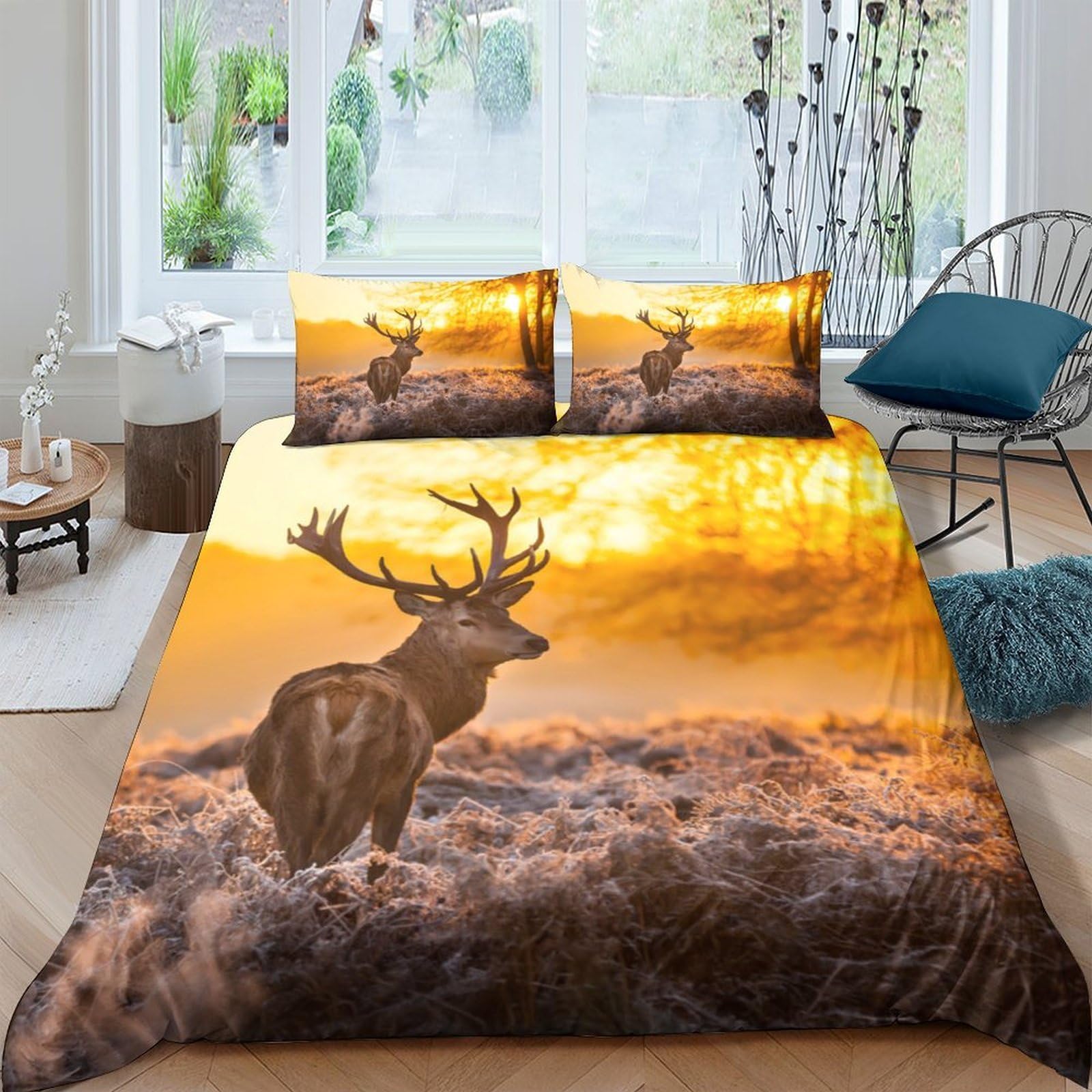 Ctjqhvkz Style-3 3D Printed Sunrise Deer Fitted Sheet Microfiber Soft Anti-Slip Forest Landscape Bed Sheet For Bedroom Decor Single（135X200cm）