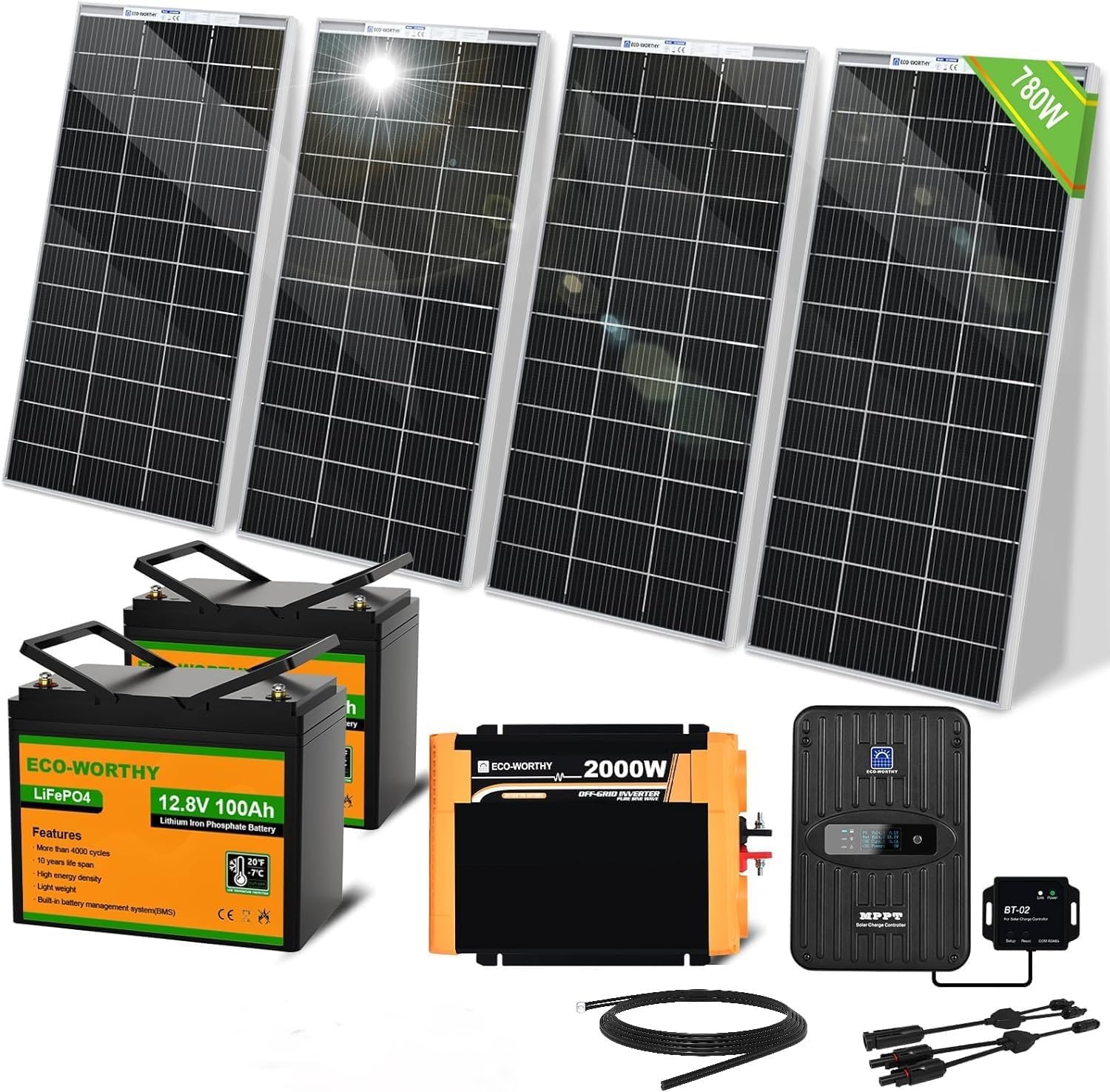Système solaire bifacial indépendant 780 W Kit complet : 4 panneaux solaires 195 W + régulateur MPPT 40 A + 2 batteries lithium 100 Ah + onduleur sinusoïdal