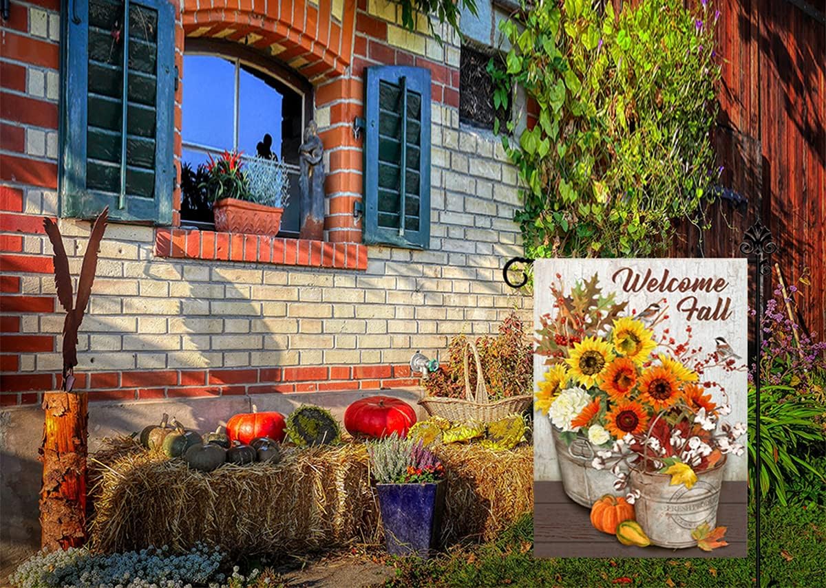 Fall Garden Flag Thankful Turkey Pumpkin Chair Thanksgiving Harvest Garden Flag Outdoor Decorative Holiday Welcome Yard Flag 12 x 18 Inch (Sunflowers) : Patio, Lawn & Garden