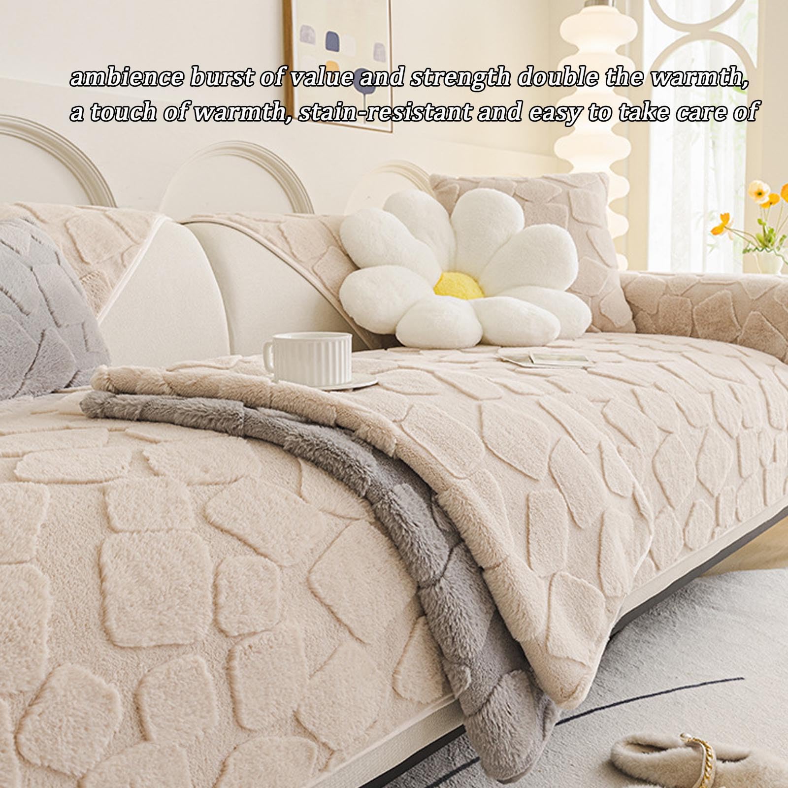 Cover di divano peluche morbido - Nuovo slittamento 1 2 3 4 posti, velluto di pelliccia di coniglio addensato, copertura di divano soffice, amichevole per animali Curry 110 * 180cm